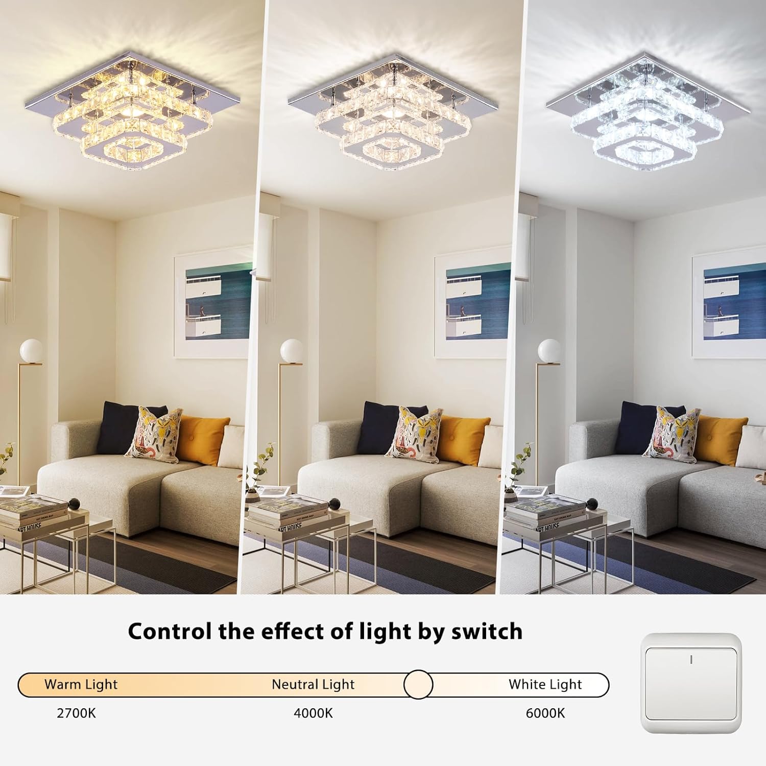 FRIXCHUR Lámpara de techo de cristal de 9.8 pulgadas, lámpara de techo cuadrada LED de 3 colores, lámpara de techo de cristal K9 de 2 capas para dormitorio, sala de estar, comedor, pasillo, vestíbulo