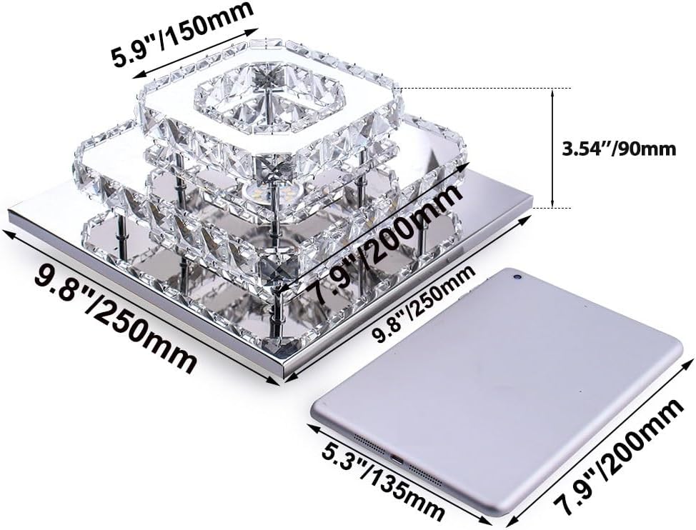 FRIXCHUR Lámpara de techo de cristal de 9.8 pulgadas, lámpara de techo cuadrada LED de 3 colores, lámpara de techo de cristal K9 de 2 capas para dormitorio, sala de estar, comedor, pasillo, vestíbulo