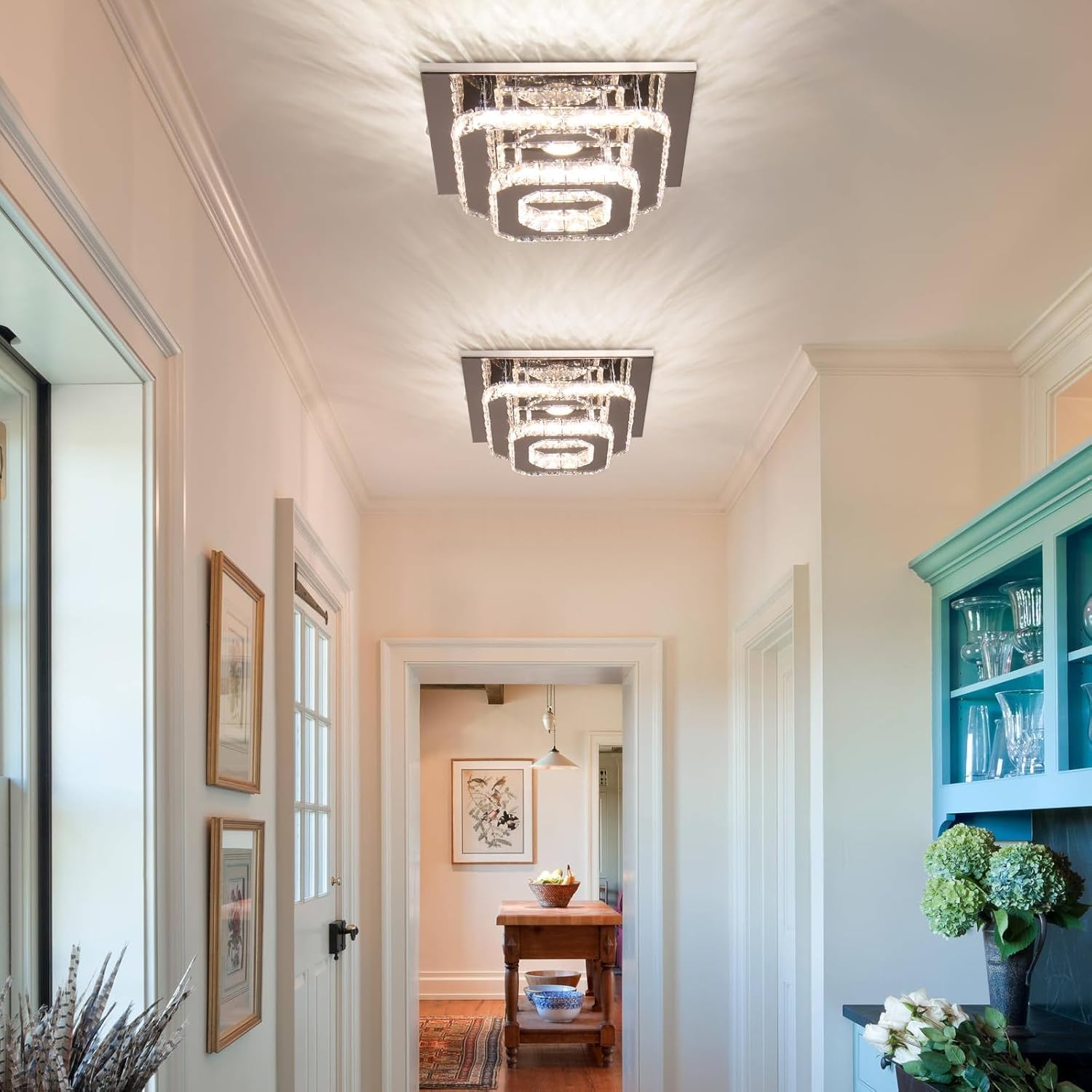 FRIXCHUR Lámpara de techo de cristal de 9.8 pulgadas, lámpara de techo cuadrada LED de 3 colores, lámpara de techo de cristal K9 de 2 capas para dormitorio, sala de estar, comedor, pasillo, vestíbulo