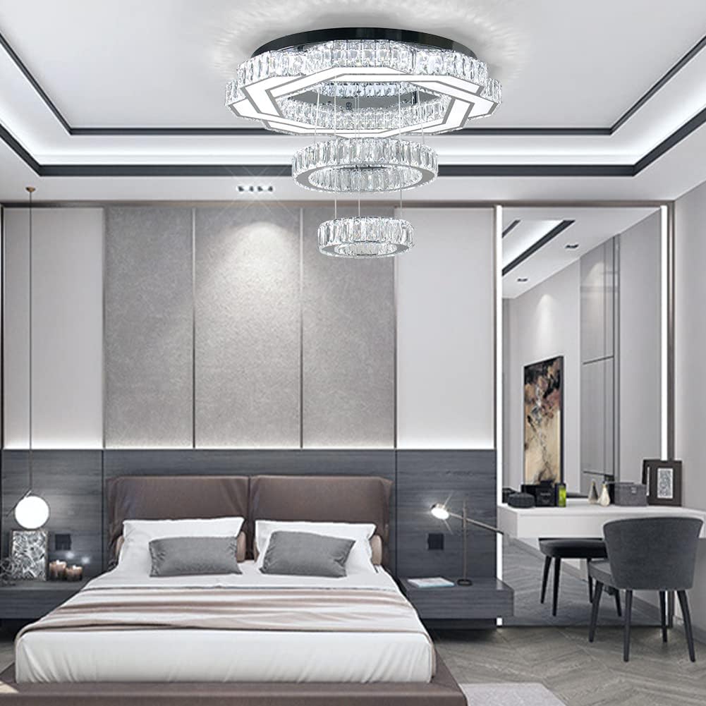 Candelabros de cristal de 22.5 pulgadas para sala de estar, lámpara de techo moderna de cristal LED con 2 anillos, lámpara colgante de montaje empotrado para dormitorio, comedor y entrada