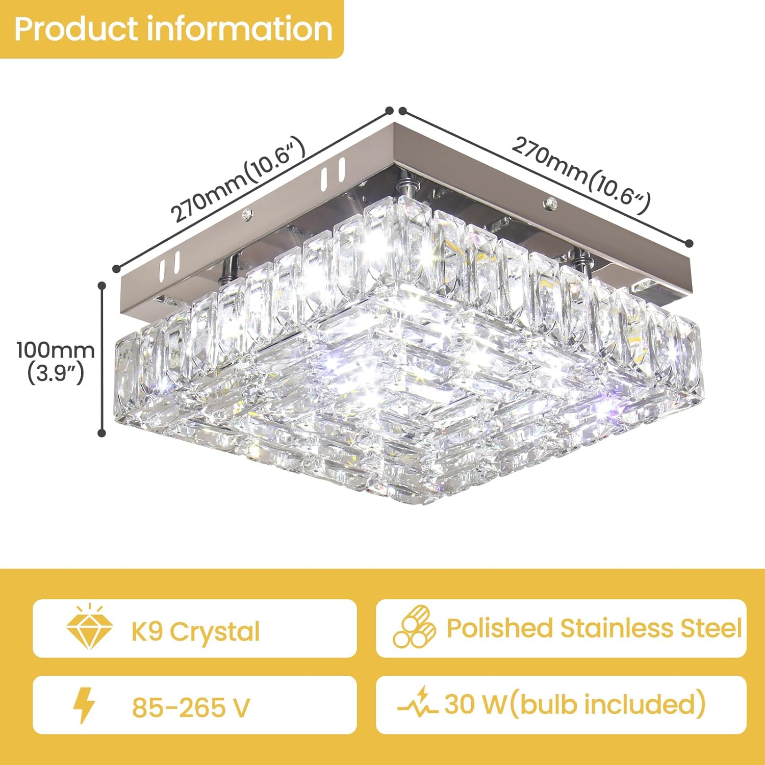 FRIXCHUR Lámpara de techo de cristal de 10.6 pulgadas, moderna lámpara LED de montaje empotrado, mini candelabros cuadrados para dormitorio, pasillo, cocina, vestíbulo (blanco frío)