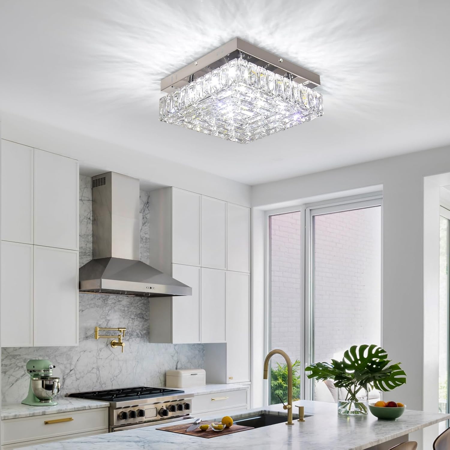 FRIXCHUR Lámpara de techo de cristal de 10.6 pulgadas, moderna lámpara LED de montaje empotrado, mini candelabros cuadrados para dormitorio, pasillo, cocina, vestíbulo (blanco frío)