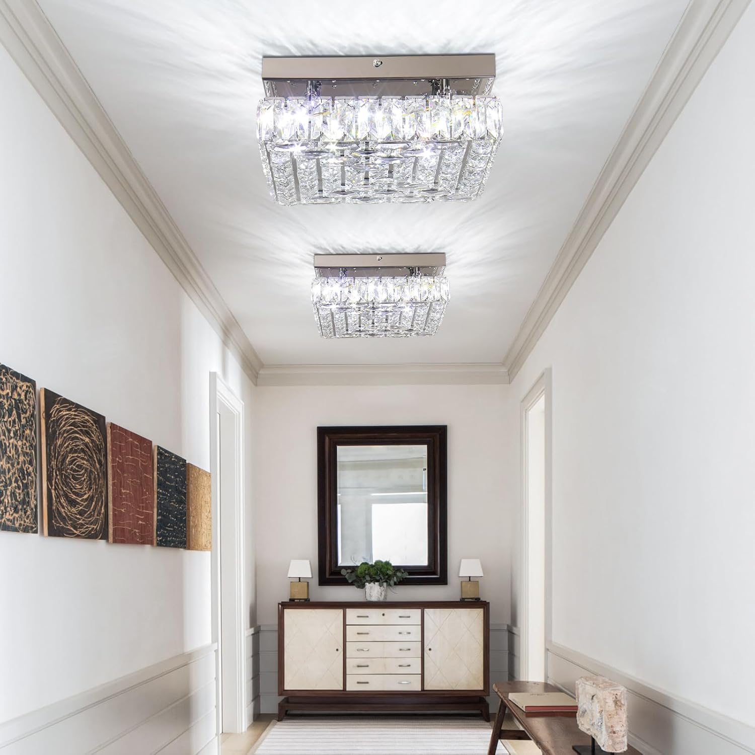 FRIXCHUR Lámpara de techo de cristal de 10.6 pulgadas, moderna lámpara LED de montaje empotrado, mini candelabros cuadrados para dormitorio, pasillo, cocina, vestíbulo (blanco frío)