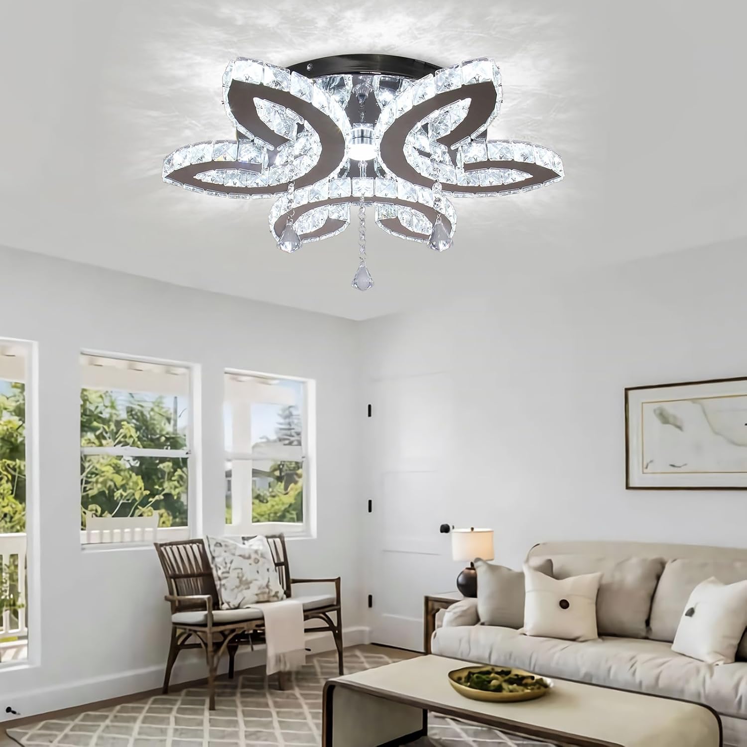 FRIXCHUR Candelabros de cristal de 20.4 pulgadas para sala de estar, lámpara de techo de cristal moderna LED de montaje empotrado, lámpara colgante para dormitorio, comedor, cocina (color cambiable)