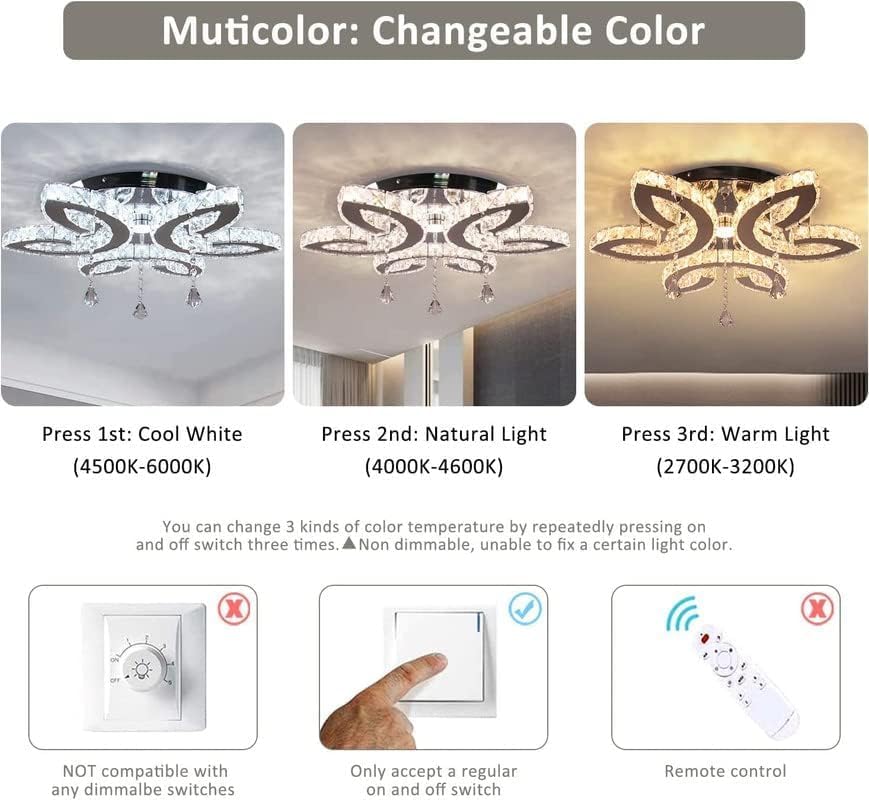 FRIXCHUR Candelabros de cristal de 20.4 pulgadas para sala de estar, lámpara de techo de cristal moderna LED de montaje empotrado, lámpara colgante para dormitorio, comedor, cocina (color cambiable)