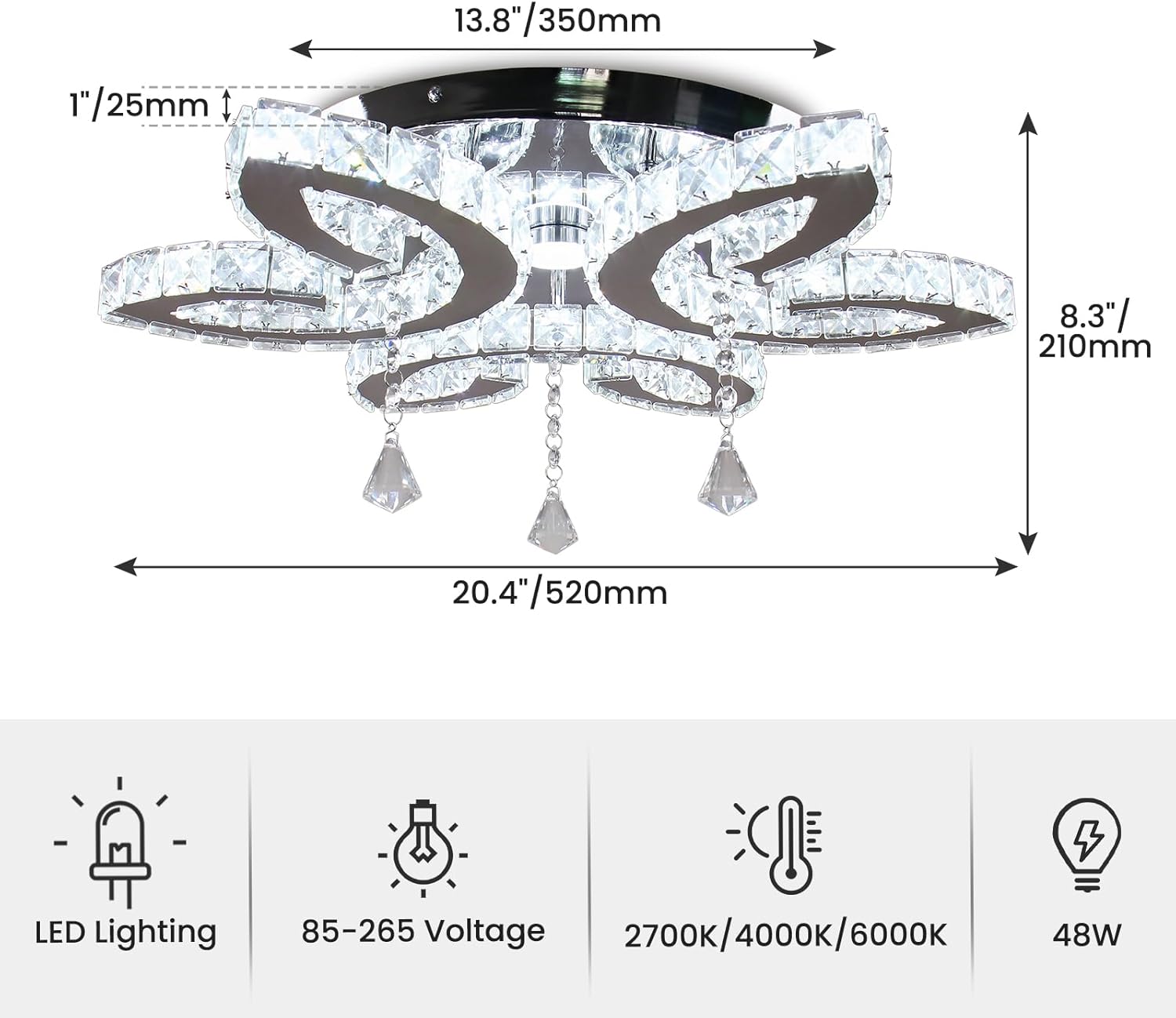 FRIXCHUR Candelabros de cristal de 20.4 pulgadas para sala de estar, lámpara de techo de cristal moderna LED de montaje empotrado, lámpara colgante para dormitorio, comedor, cocina (color cambiable)