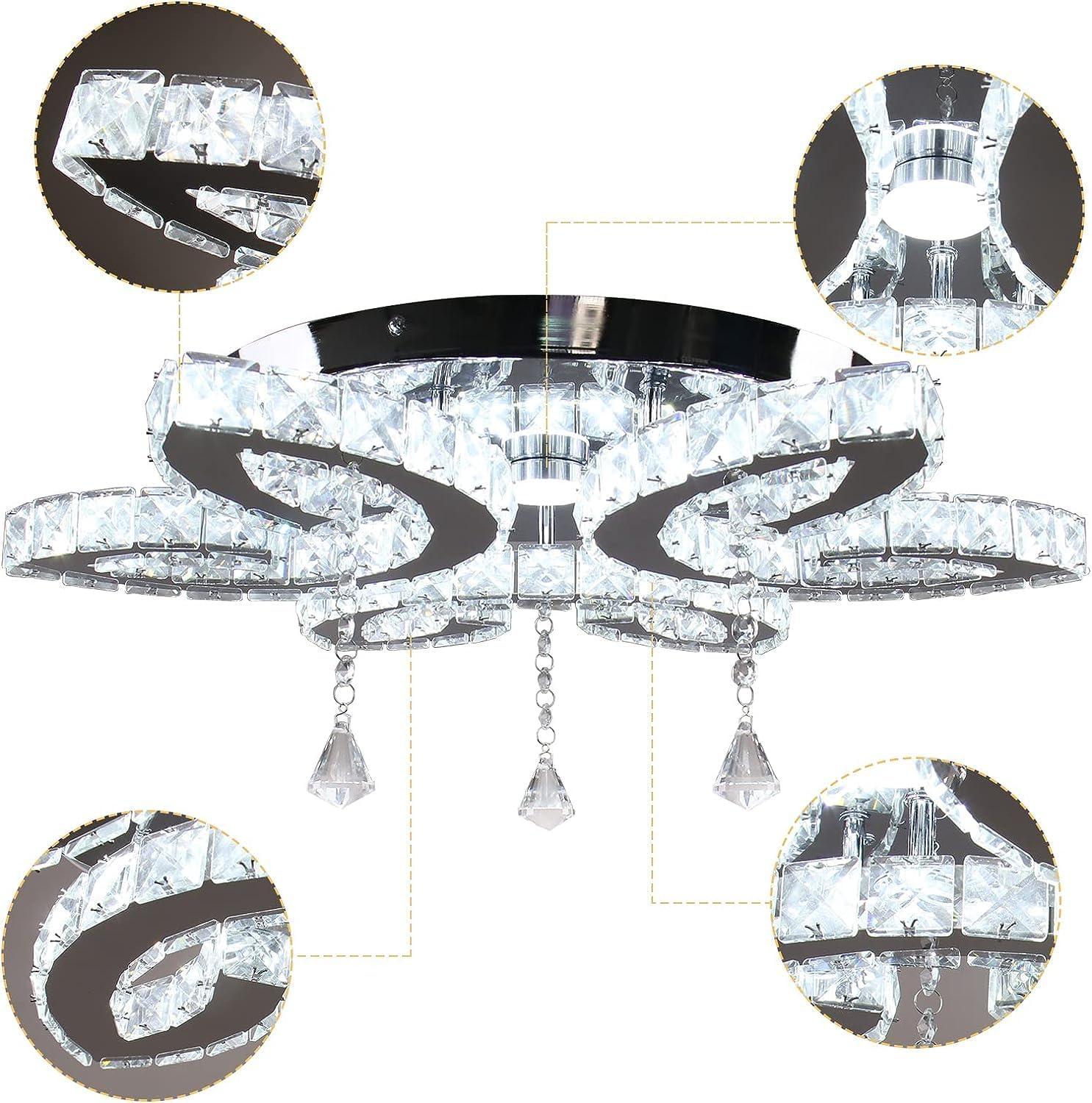 FRIXCHUR Candelabros de cristal de 20.4 pulgadas para sala de estar, lámpara de techo de cristal moderna LED de montaje empotrado, lámpara colgante para dormitorio, comedor, cocina (color cambiable)
