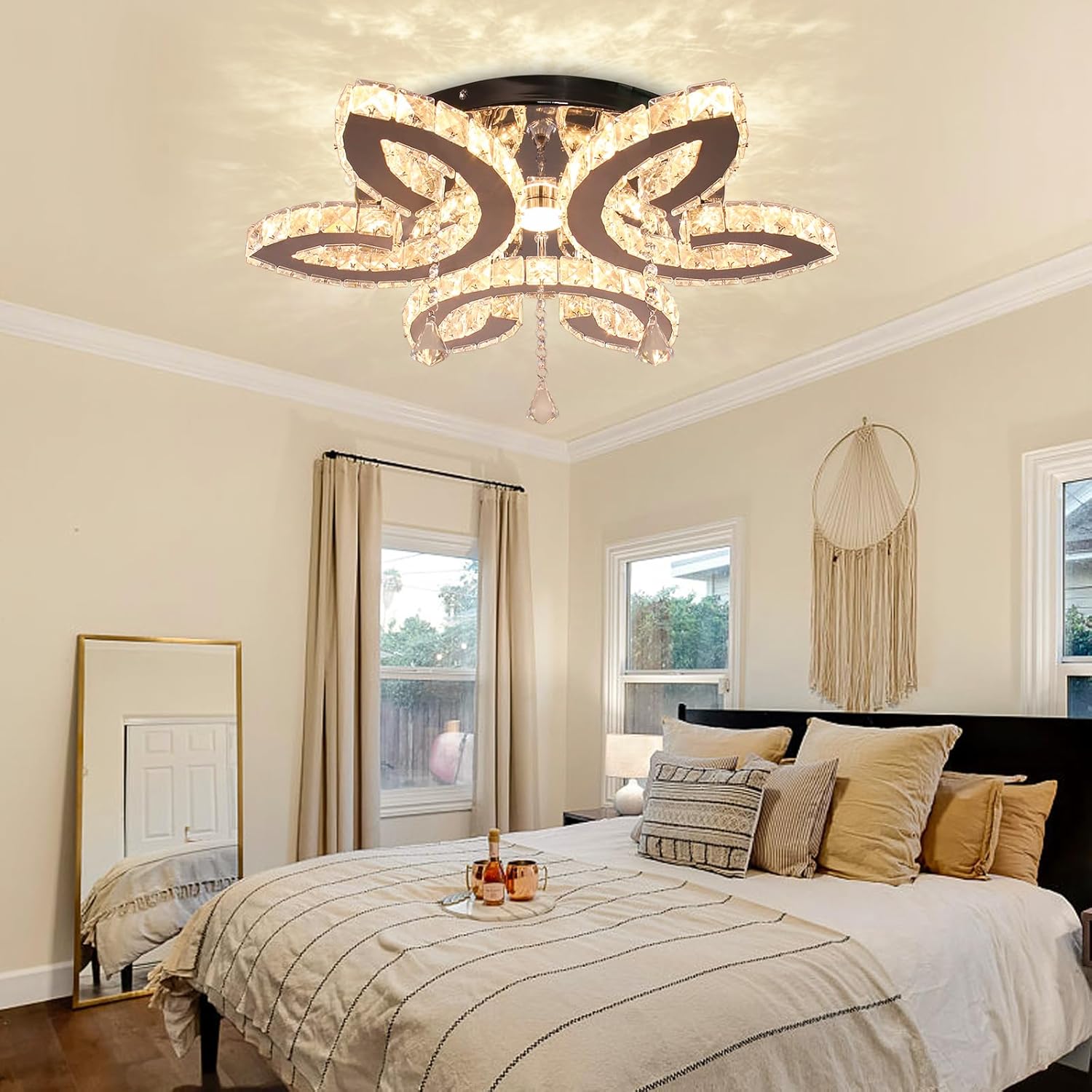 FRIXCHUR Candelabros de cristal de 20.4 pulgadas para sala de estar, lámpara de techo de cristal moderna LED de montaje empotrado, lámpara colgante para dormitorio, comedor, cocina (color cambiable)