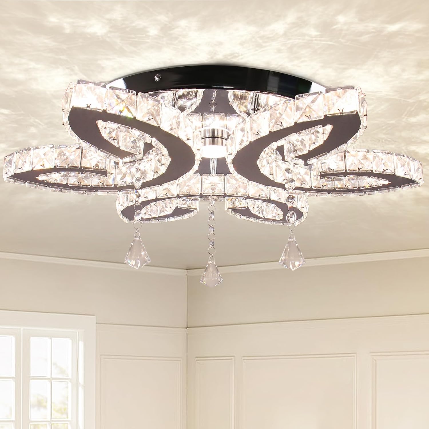 FRIXCHUR Candelabros de cristal de 20.4 pulgadas para sala de estar, lámpara de techo de cristal moderna LED de montaje empotrado, lámpara colgante para dormitorio, comedor, cocina (color cambiable)