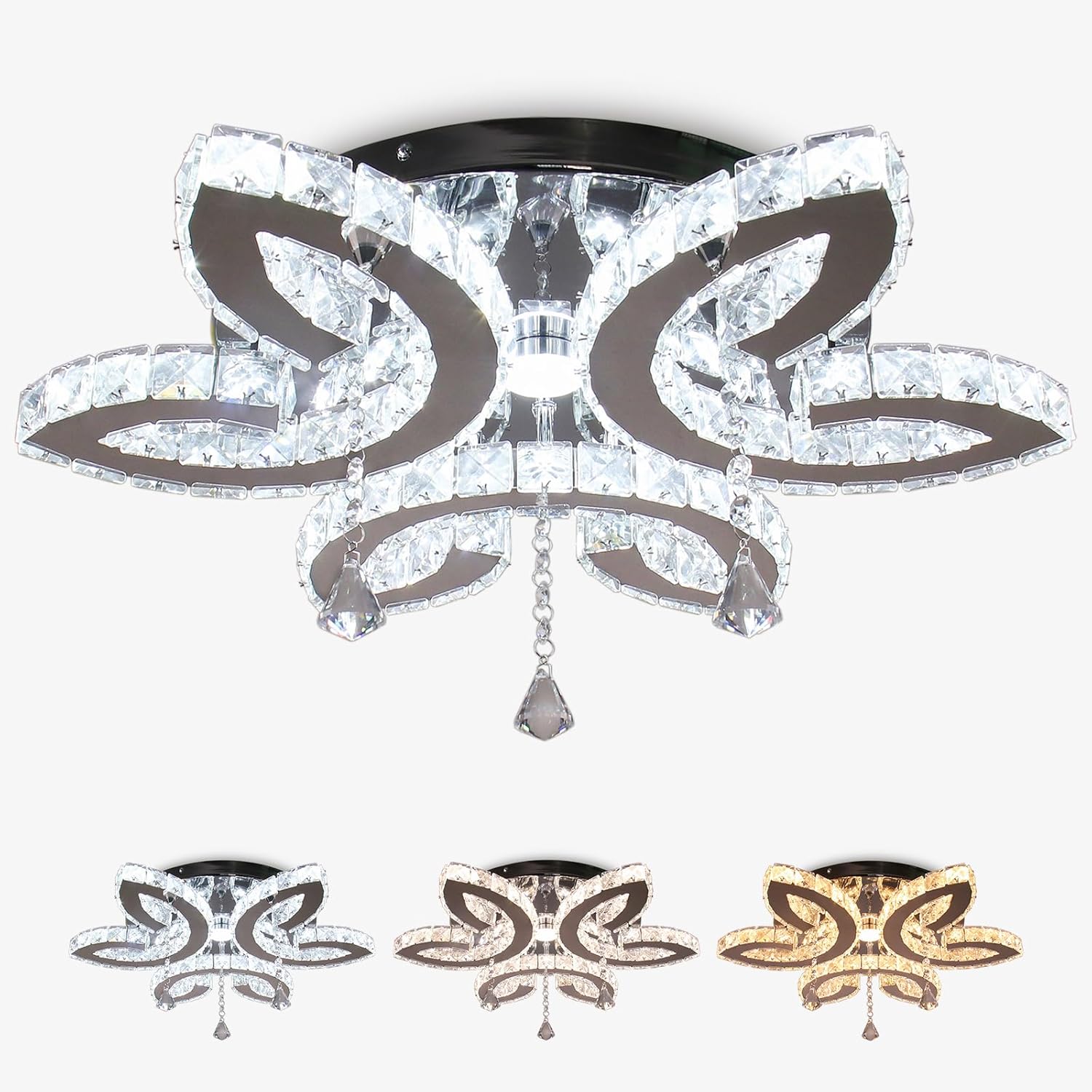 FRIXCHUR Candelabros de cristal de 20.4 pulgadas para sala de estar, lámpara de techo de cristal moderna LED de montaje empotrado, lámpara colgante para dormitorio, comedor, cocina (color cambiable)