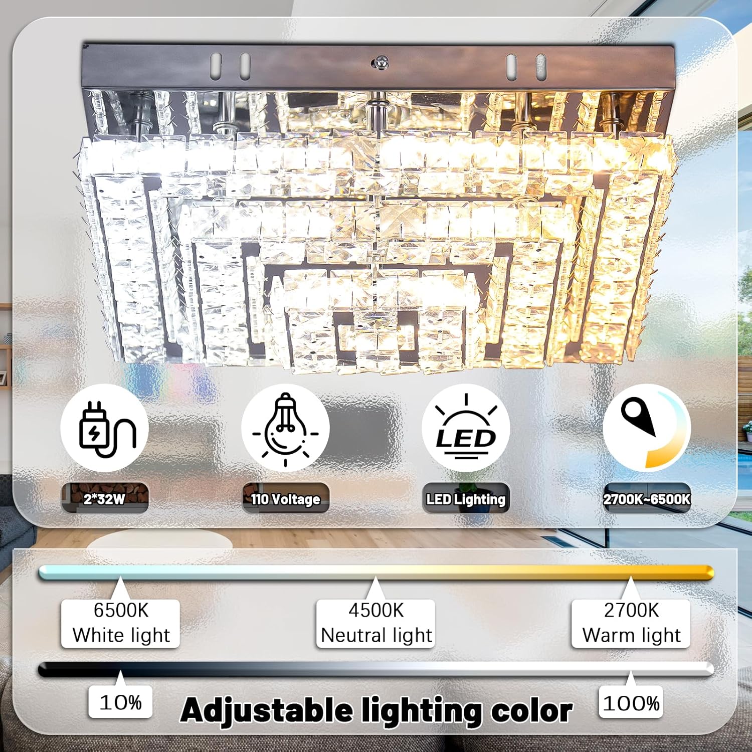 Lámparas de araña de cristal Lámpara de techo LED de cristal 11.8" cuadrado Montaje empotrado Lámpara de araña moderna Lámparas de techo para recámara, comedor, pasillo Regulable mediante