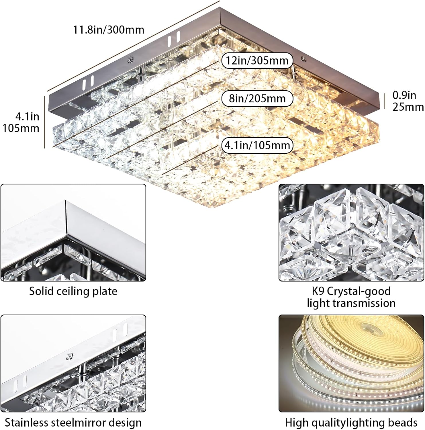 Lámparas de araña de cristal Lámpara de techo LED de cristal 11.8" cuadrado Montaje empotrado Lámpara de araña moderna Lámparas de techo para recámara, comedor, pasillo Regulable mediante