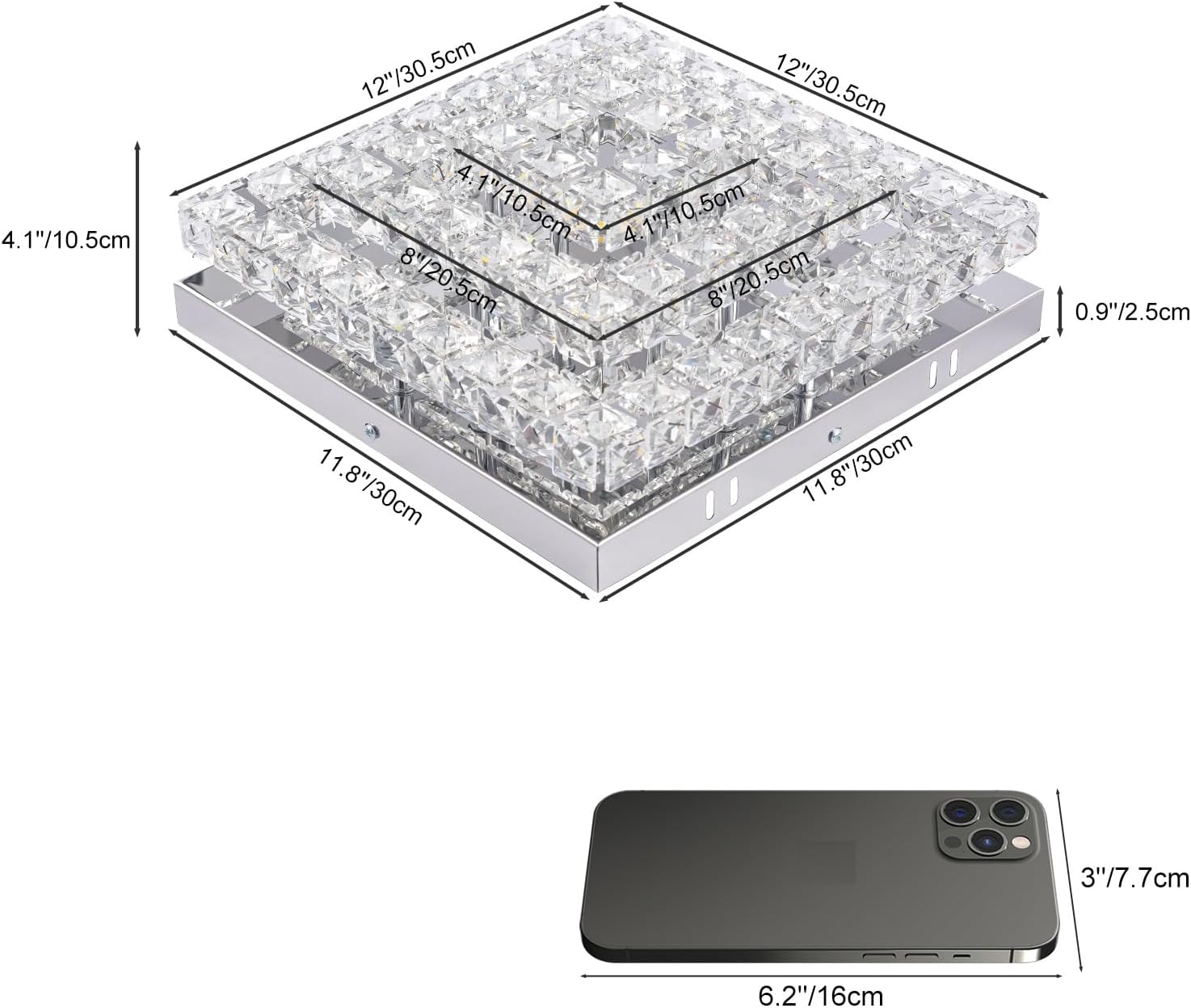 Lámparas de araña de cristal Lámpara de techo LED de cristal 11.8" cuadrado Montaje empotrado Lámpara de araña moderna Lámparas de techo para recámara, comedor, pasillo Regulable mediante