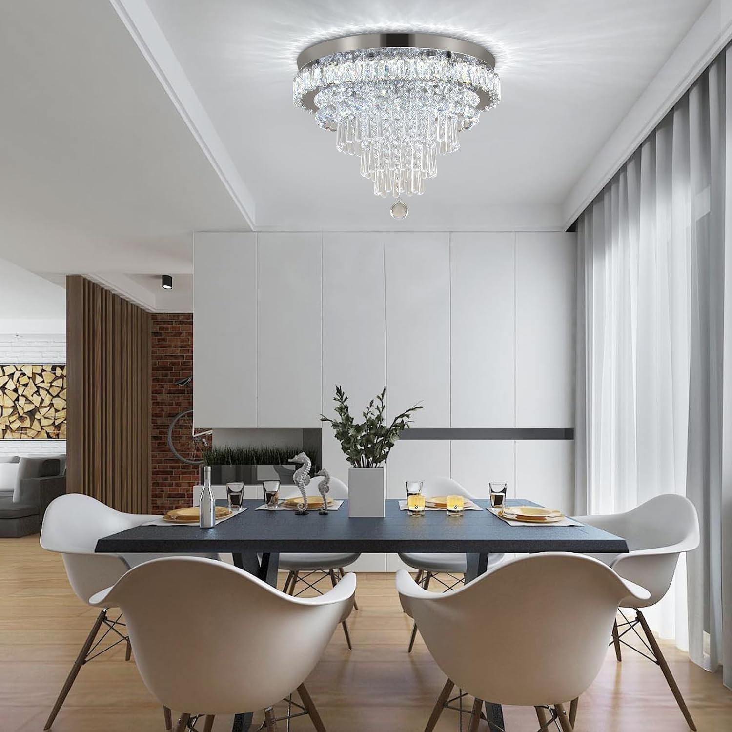 Candelabro LED de cristal de 17.7 pulgadas, lámpara de techo moderna de cristal, lámpara grande de montaje empotrado, iluminación de techo para sala de estar, dormitorio, cocina (6500 K blanco frío)