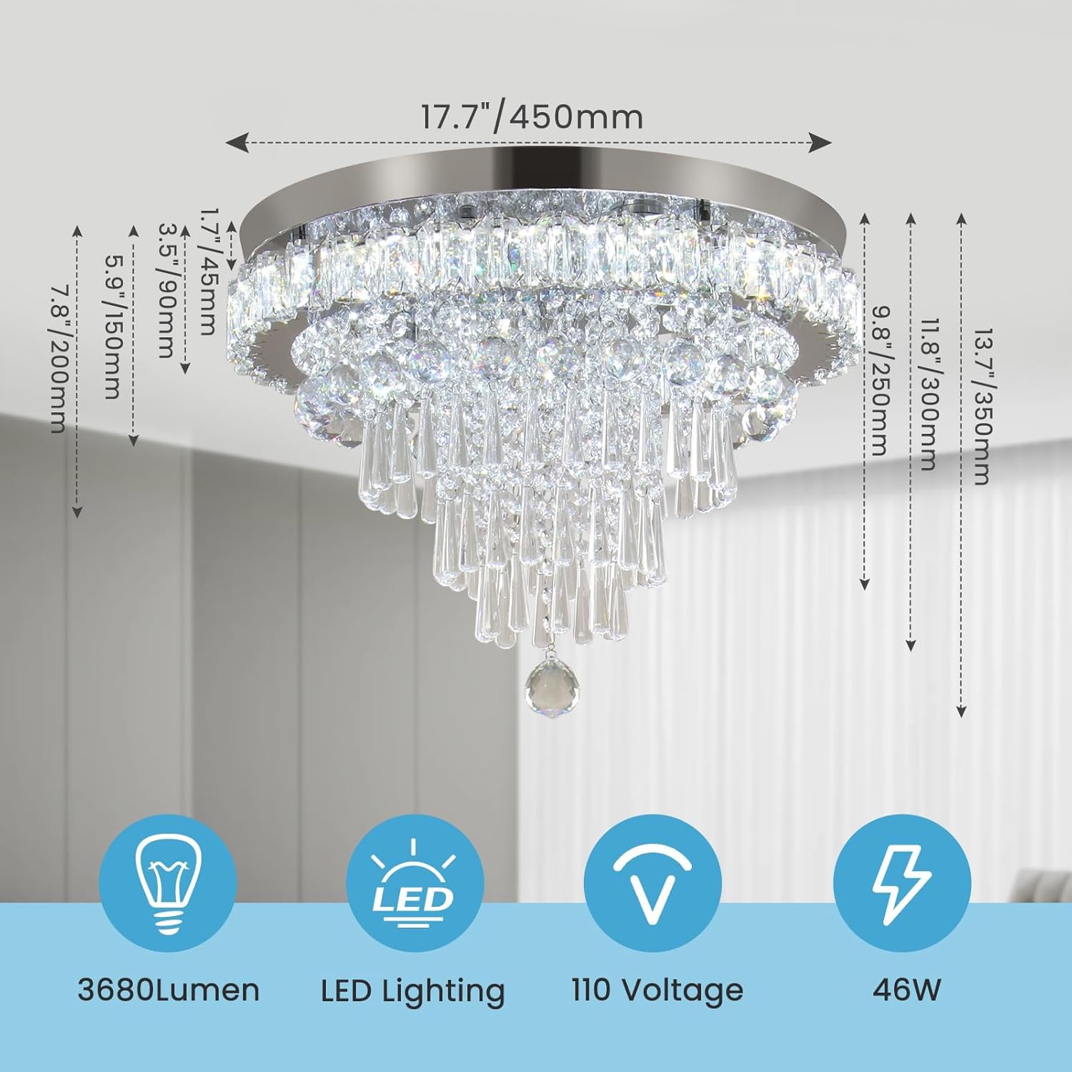 Candelabro LED de cristal de 17.7 pulgadas, lámpara de techo moderna de cristal, lámpara grande de montaje empotrado, iluminación de techo para sala de estar, dormitorio, cocina (6500 K blanco frío)