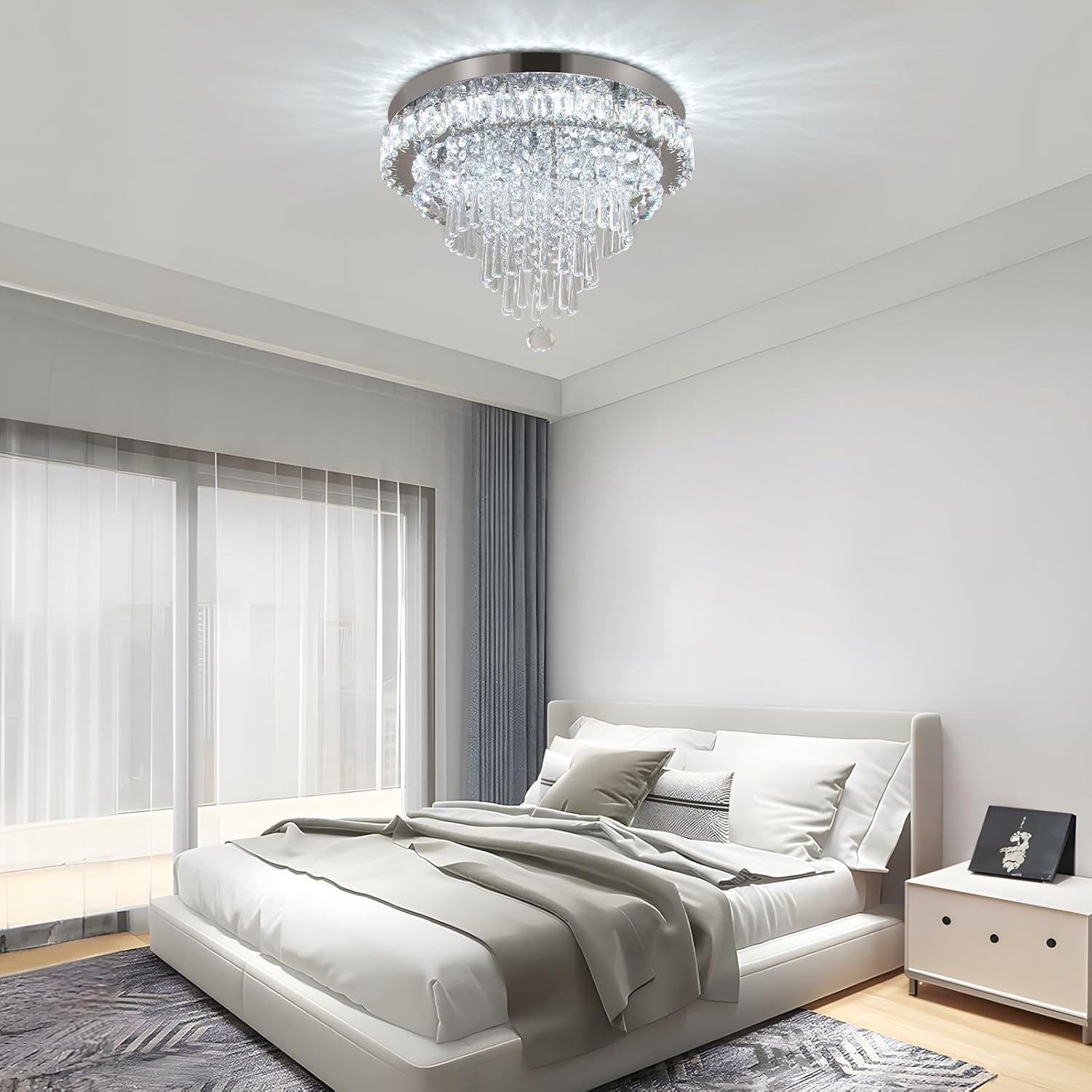 Candelabro LED de cristal de 17.7 pulgadas, lámpara de techo moderna de cristal, lámpara grande de montaje empotrado, iluminación de techo para sala de estar, dormitorio, cocina (6500 K blanco frío)