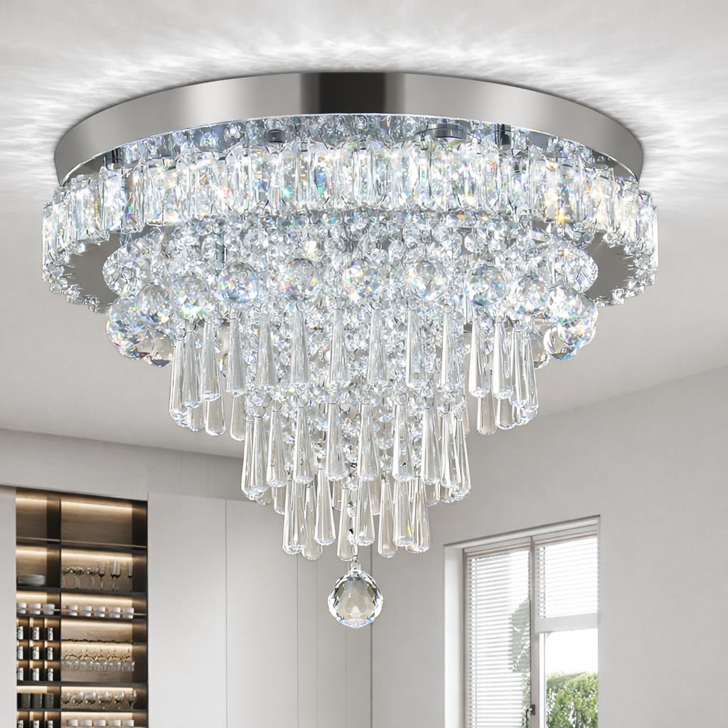 Candelabro LED de cristal de 17.7 pulgadas, lámpara de techo moderna de cristal, lámpara grande de montaje empotrado, iluminación de techo para sala de estar, dormitorio, cocina (6500 K blanco frío)