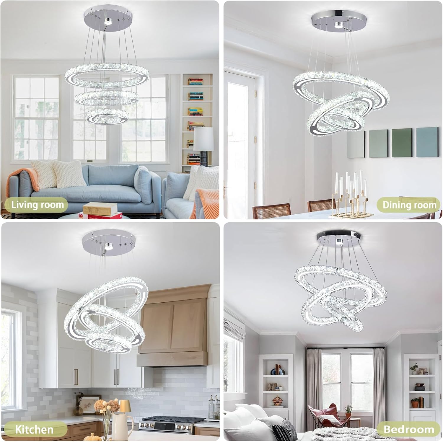 FRIXCHUR Candelabros LED Candelabro de Cristal Lámpara de Techo Moderna Accesorio de Iluminación Candelabro Lámpara Colgante Ajustable de 3 Anillos para Dormitorios Sala de Estar Comedor (Blanco Frío)