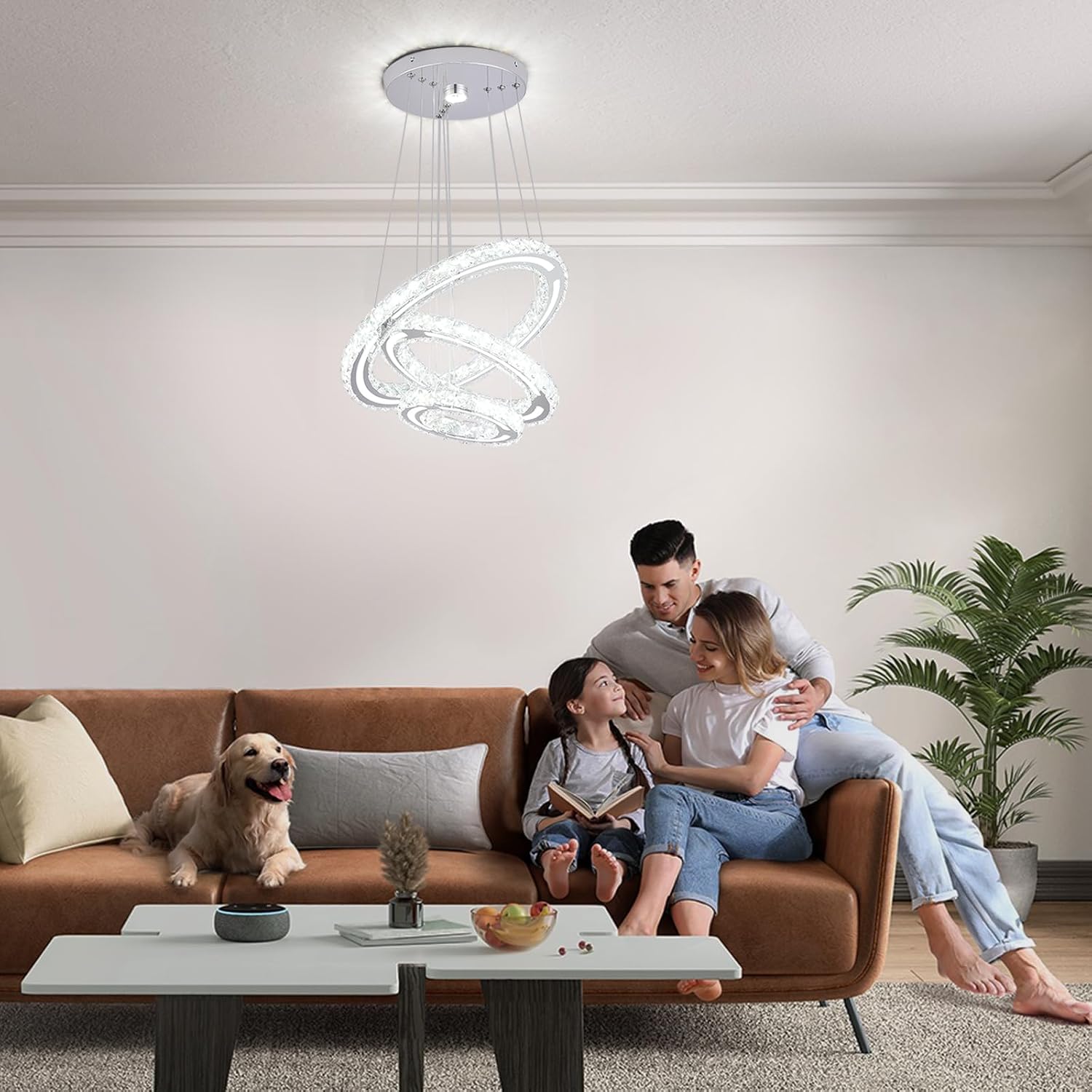 FRIXCHUR Candelabros LED Candelabro de Cristal Lámpara de Techo Moderna Accesorio de Iluminación Candelabro Lámpara Colgante Ajustable de 3 Anillos para Dormitorios Sala de Estar Comedor (Blanco Frío)