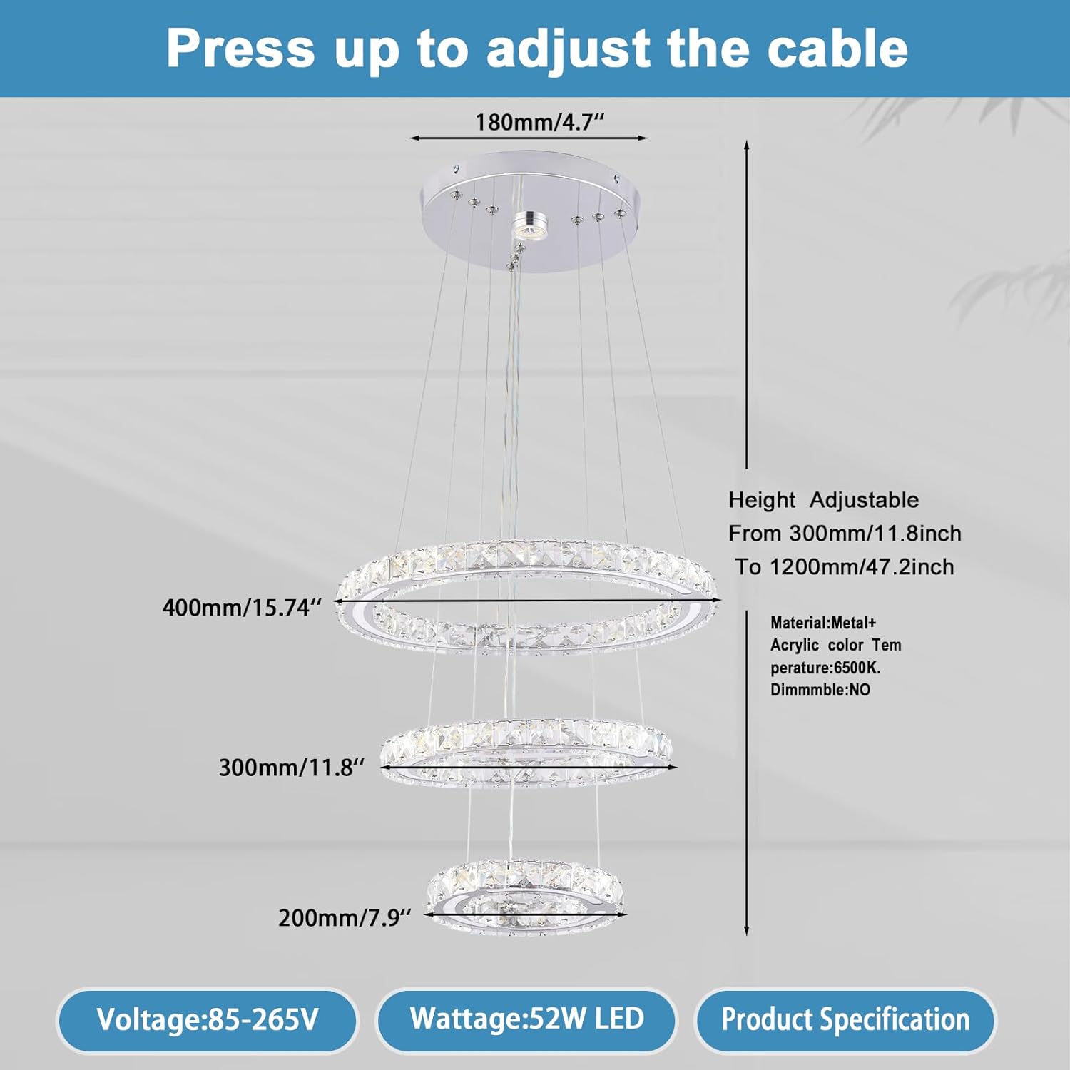 FRIXCHUR Candelabros LED Candelabro de Cristal Lámpara de Techo Moderna Accesorio de Iluminación Candelabro Lámpara Colgante Ajustable de 3 Anillos para Dormitorios Sala de Estar Comedor (Blanco Frío)
