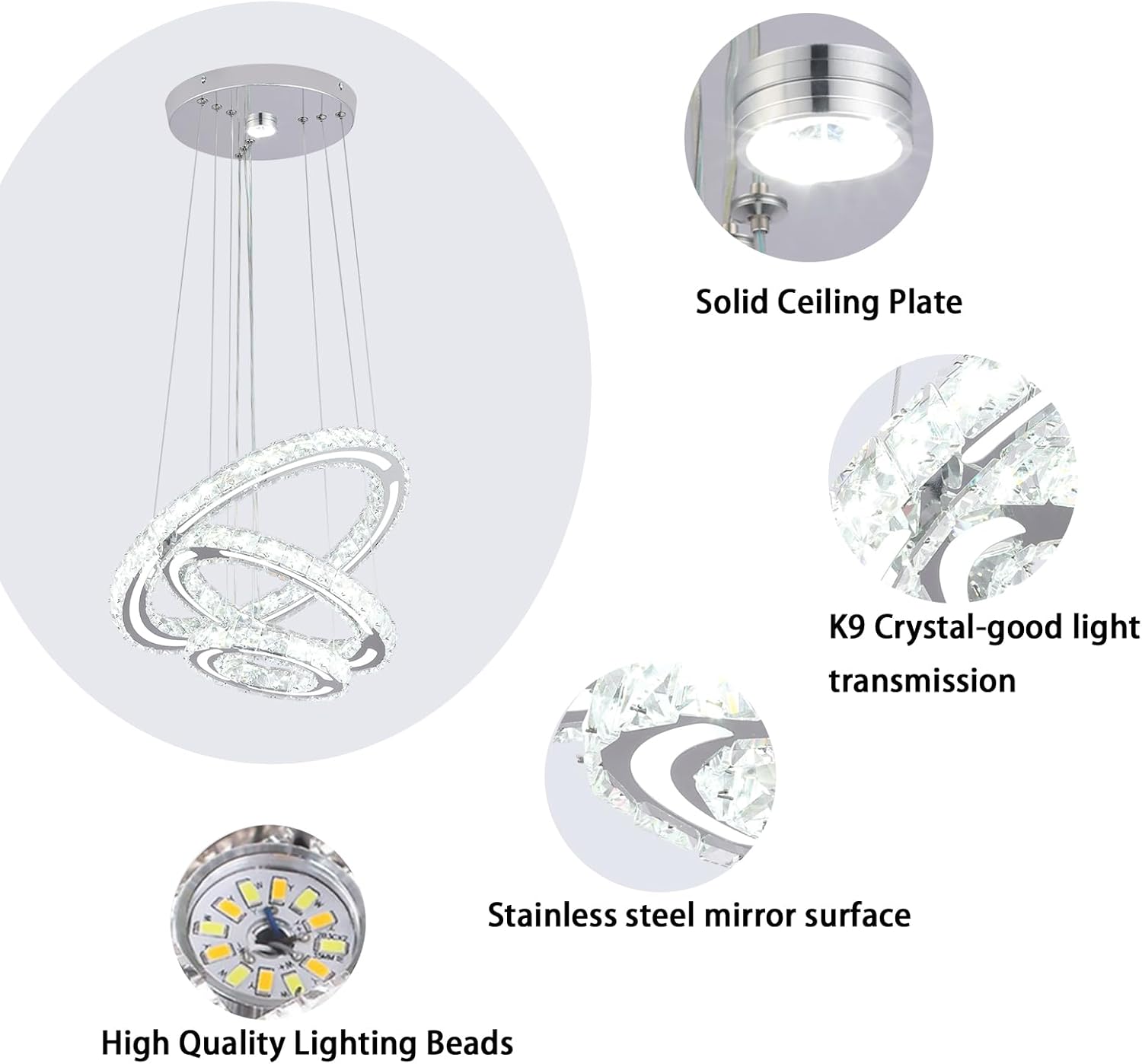 FRIXCHUR Candelabros LED Candelabro de Cristal Lámpara de Techo Moderna Accesorio de Iluminación Candelabro Lámpara Colgante Ajustable de 3 Anillos para Dormitorios Sala de Estar Comedor (Blanco Frío)