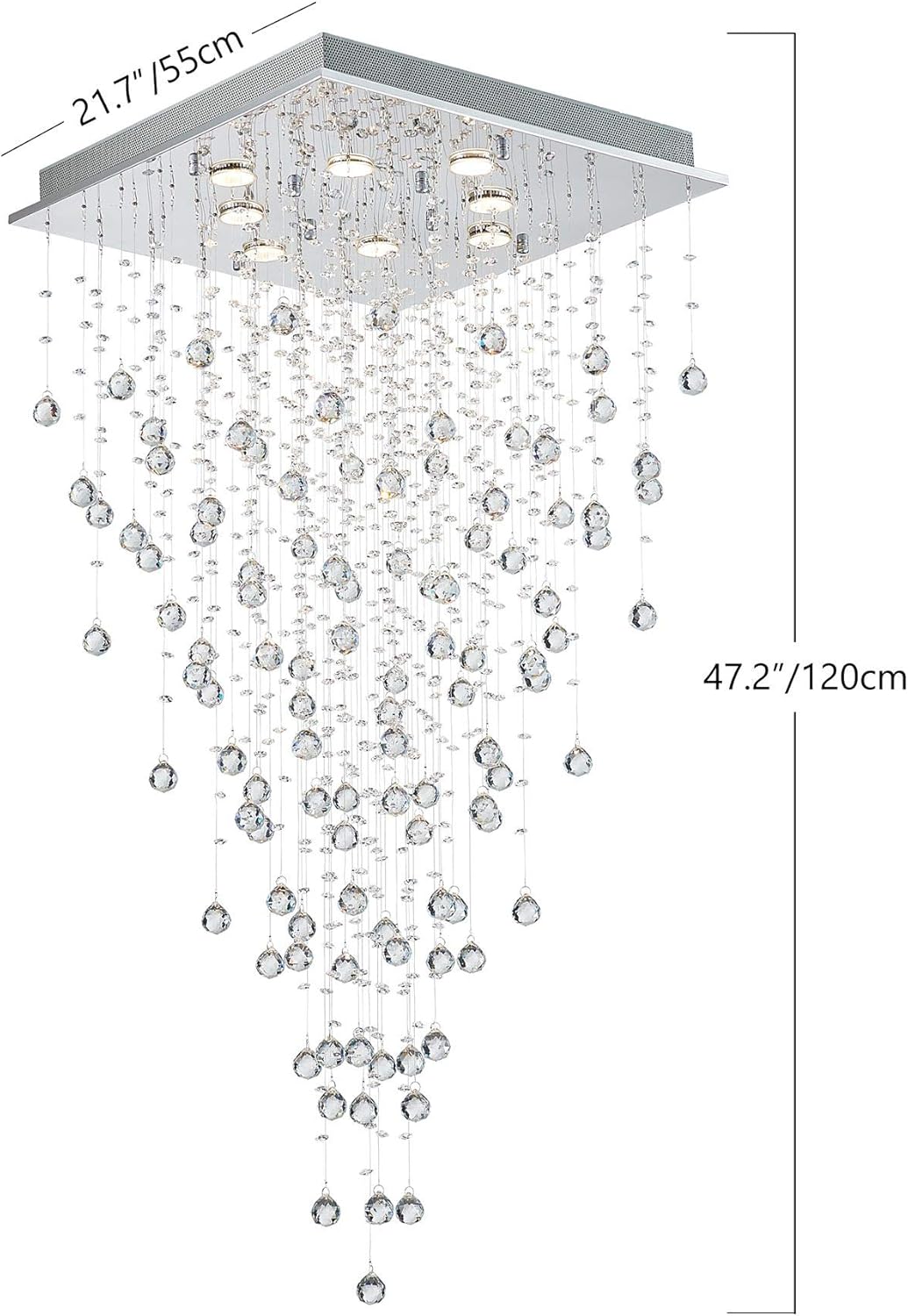 Bestier Moderno candelabro cuadrado de cristal con forma de gota de lluvia, iluminación empotrada, lámpara de techo LED para comedor, baño, dormitorio, sala de estar, 8 bombillas GU10, 22 pulgadas de ancho, 47 pulgadas de alto