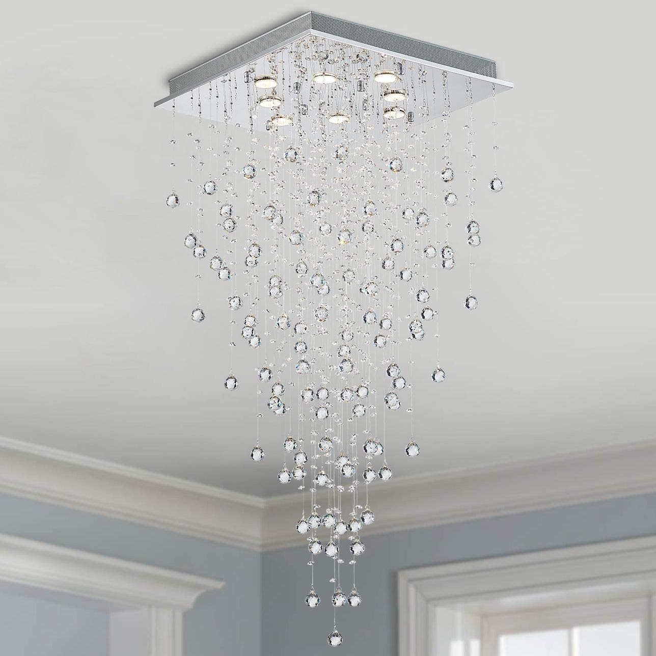 Bestier Moderno candelabro cuadrado de cristal con forma de gota de lluvia, iluminación empotrada, lámpara de techo LED para comedor, baño, dormitorio, sala de estar, 8 bombillas GU10, 22 pulgadas de ancho, 47 pulgadas de alto