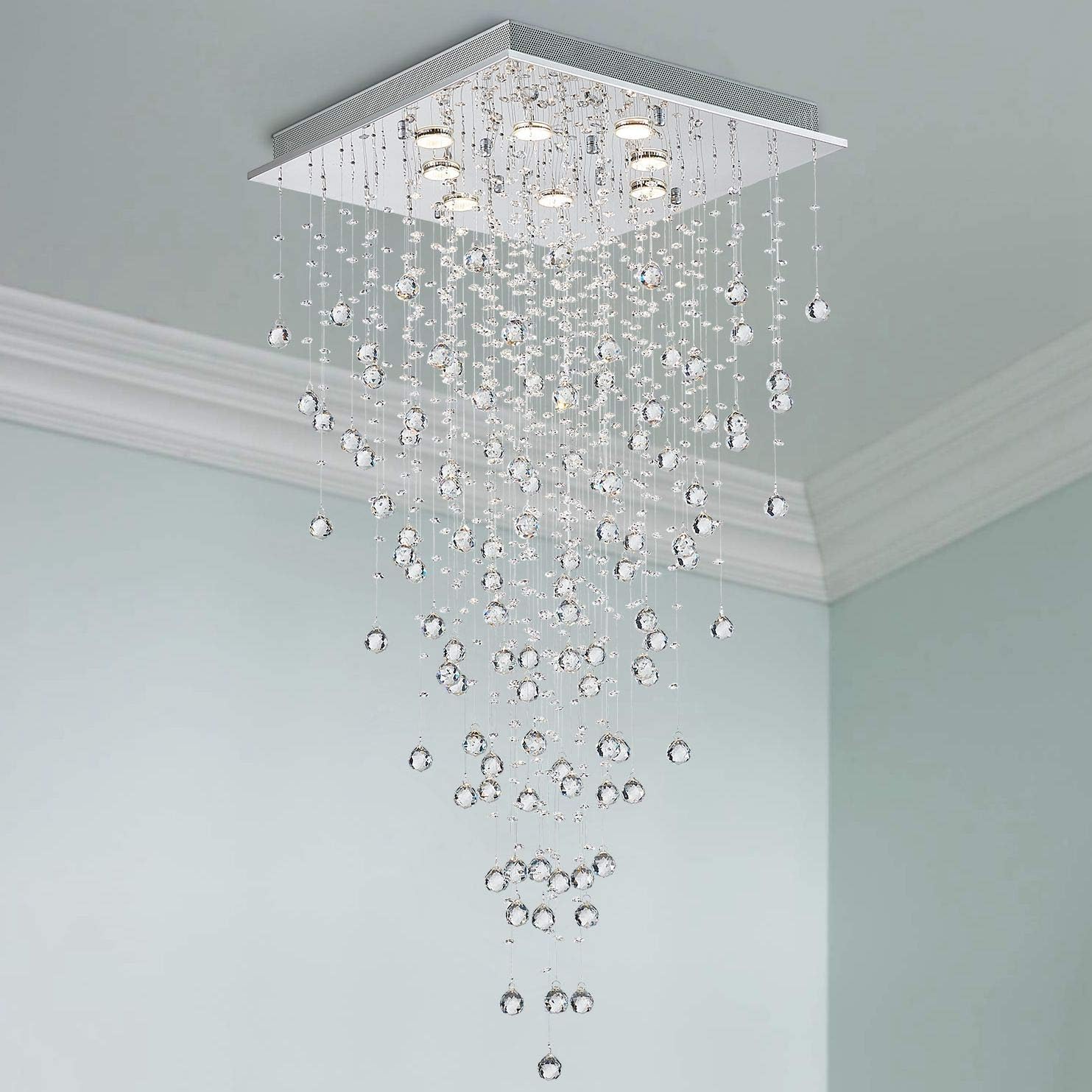 Bestier Moderno candelabro cuadrado de cristal con forma de gota de lluvia, iluminación empotrada, lámpara de techo LED para comedor, baño, dormitorio, sala de estar, 8 bombillas GU10, 22 pulgadas de ancho, 47 pulgadas de alto