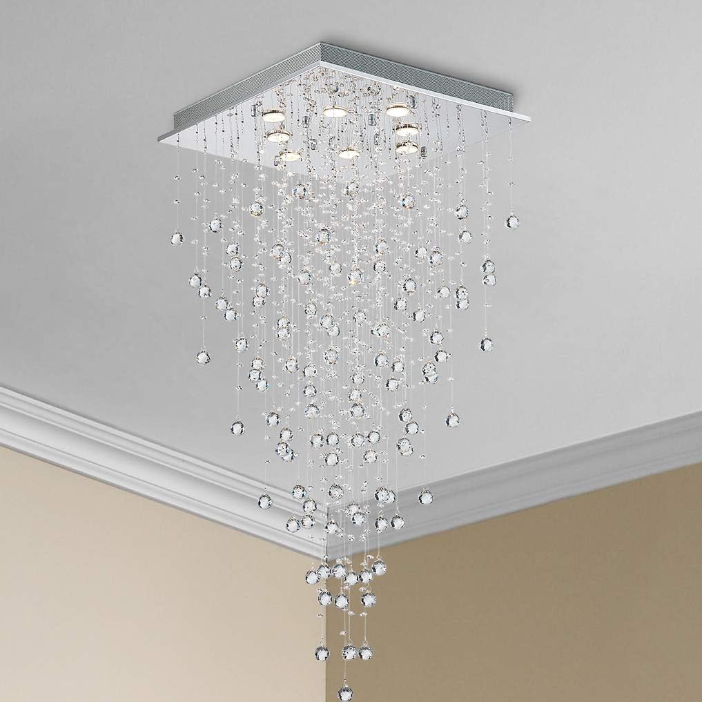 Bestier Moderno candelabro cuadrado de cristal con forma de gota de lluvia, iluminación empotrada, lámpara de techo LED para comedor, baño, dormitorio, sala de estar, 8 bombillas GU10, 22 pulgadas de ancho, 47 pulgadas de alto