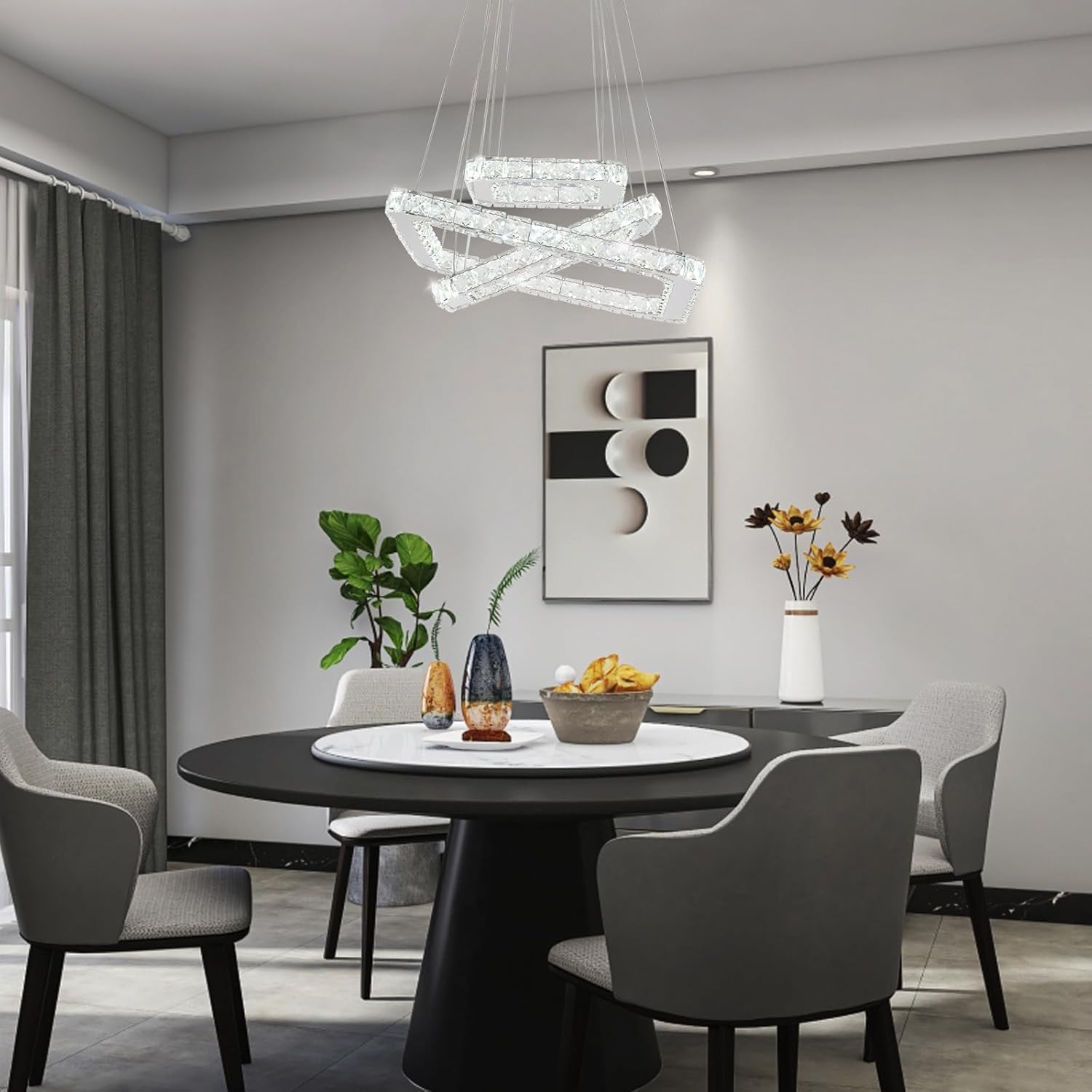 Lámpara de techo moderna de cristal LED, diseño cuadrado de 3 anillos, ultrabrillante de 47W, luz blanca fría de 6000K, altura ajustable, lámpara colgante de cristal K9 para comedor, sala de estar