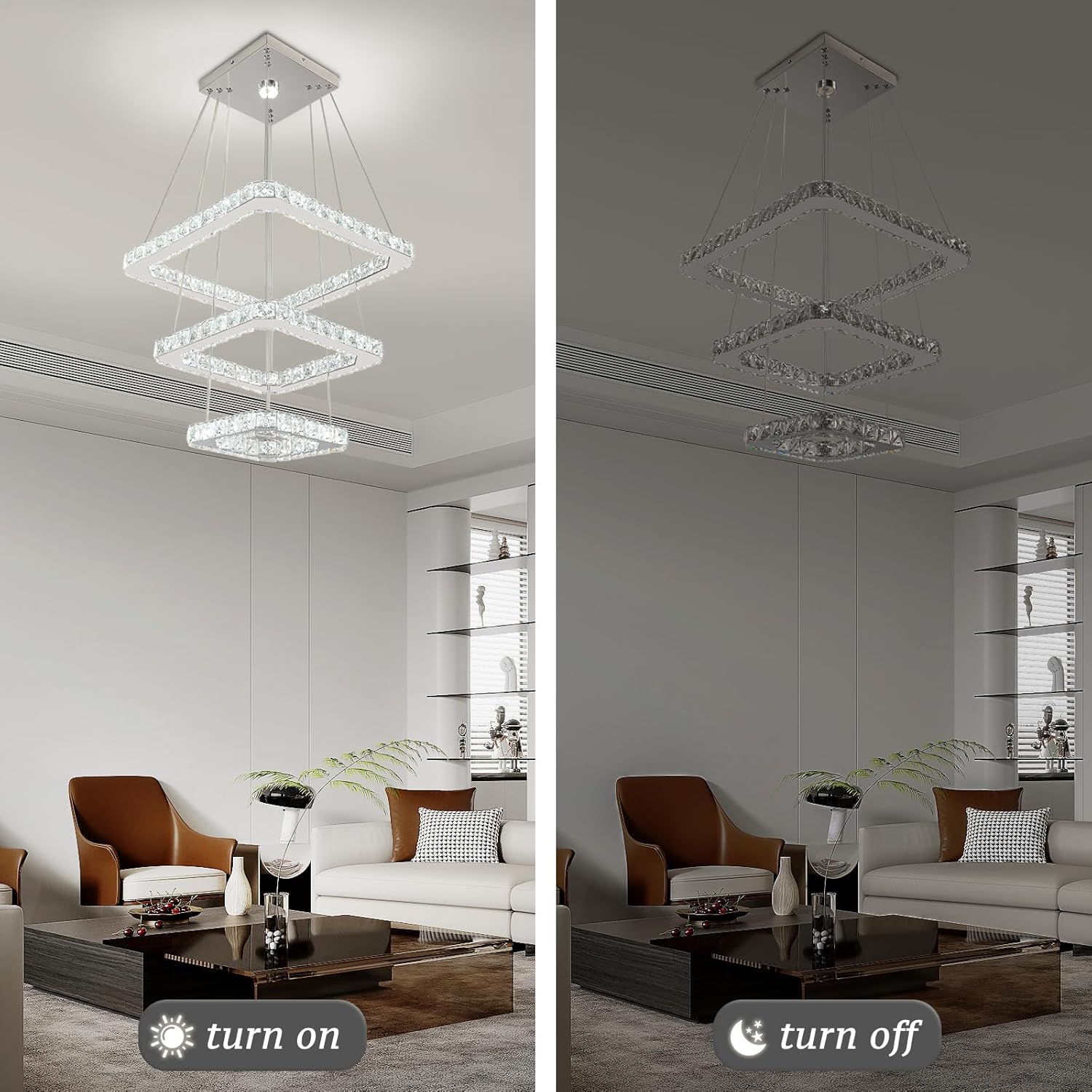 Lámpara de techo moderna de cristal LED, diseño cuadrado de 3 anillos, ultrabrillante de 47W, luz blanca fría de 6000K, altura ajustable, lámpara colgante de cristal K9 para comedor, sala de estar