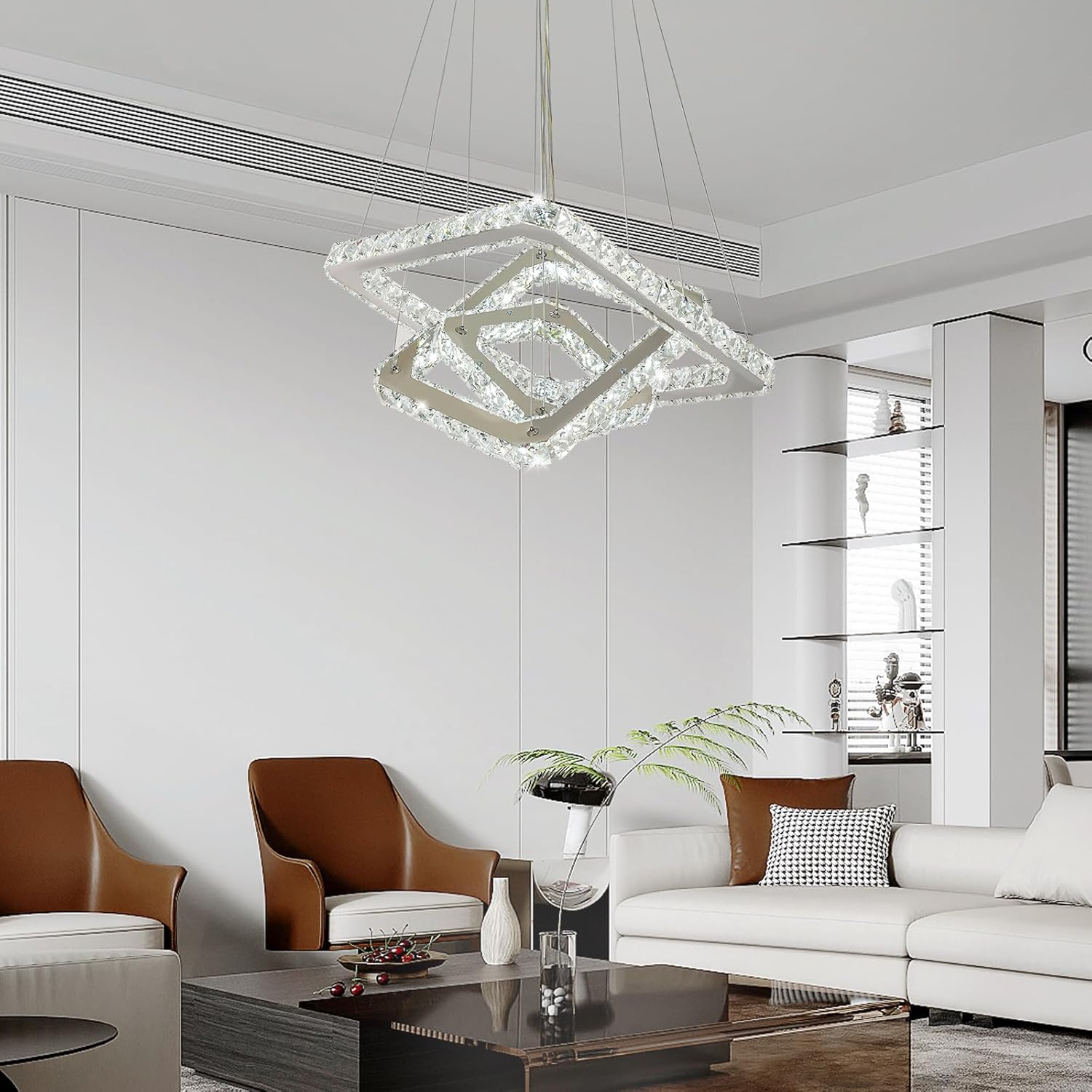 Lámpara de techo moderna de cristal LED, diseño cuadrado de 3 anillos, ultrabrillante de 47W, luz blanca fría de 6000K, altura ajustable, lámpara colgante de cristal K9 para comedor, sala de estar