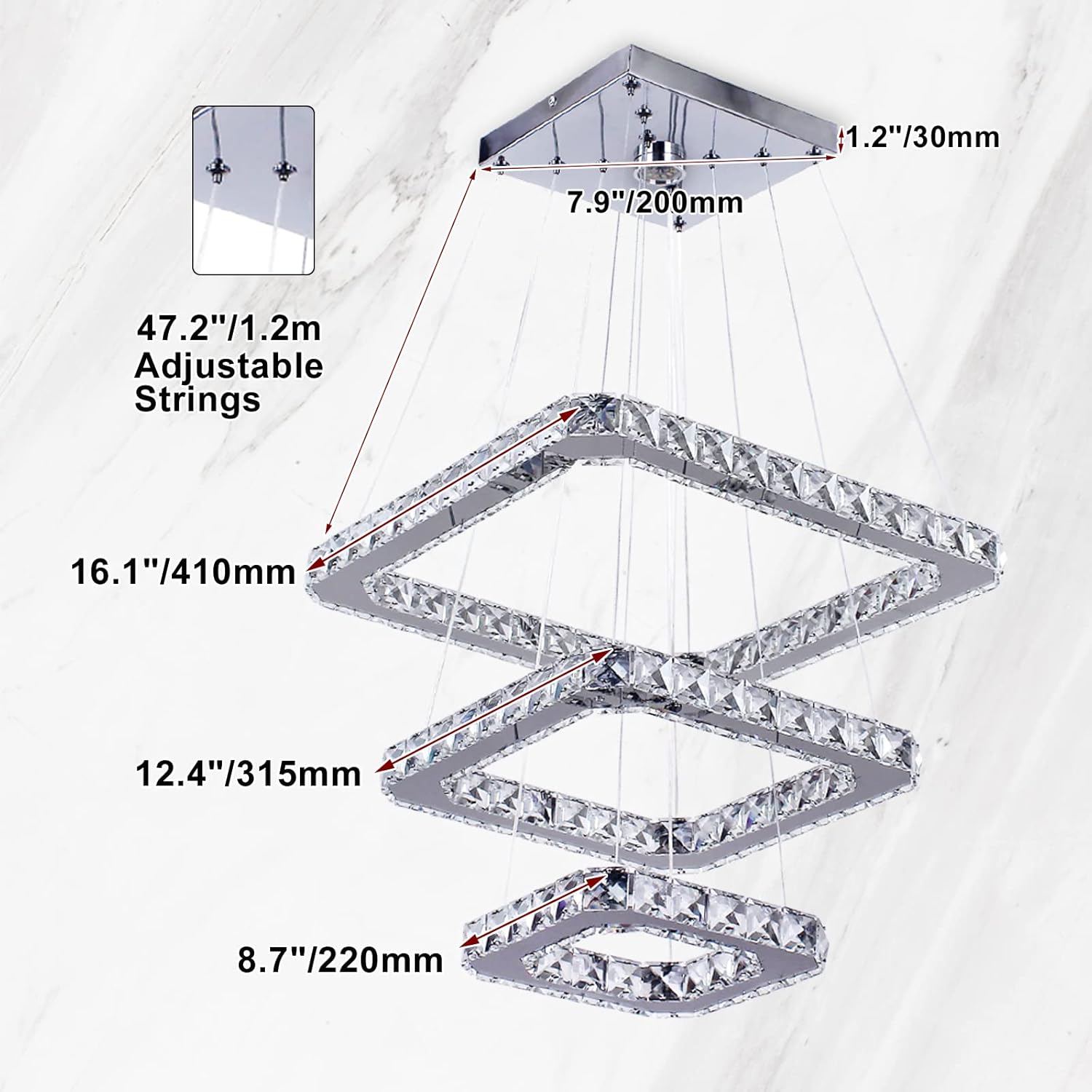 Lámpara de techo moderna de cristal LED, diseño cuadrado de 3 anillos, ultrabrillante de 47W, luz blanca fría de 6000K, altura ajustable, lámpara colgante de cristal K9 para comedor, sala de estar