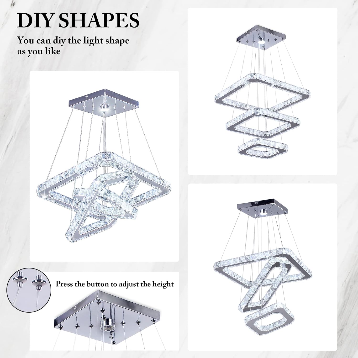 Lámpara de techo moderna de cristal LED, diseño cuadrado de 3 anillos, ultrabrillante de 47W, luz blanca fría de 6000K, altura ajustable, lámpara colgante de cristal K9 para comedor, sala de estar