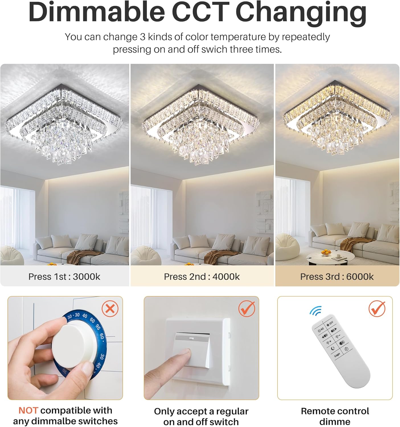 Elegante lámpara LED de techo con forma de gota de lluvia, lámpara cuadrada de 18 pulgadas con control remoto para sala de estar, cocina, isla, dormitorio, pasillo, entrada, vestíbulo (regulable)