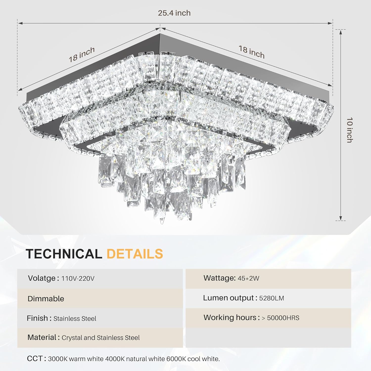 Elegante lámpara LED de techo con forma de gota de lluvia, lámpara cuadrada de 18 pulgadas con control remoto para sala de estar, cocina, isla, dormitorio, pasillo, entrada, vestíbulo (regulable)