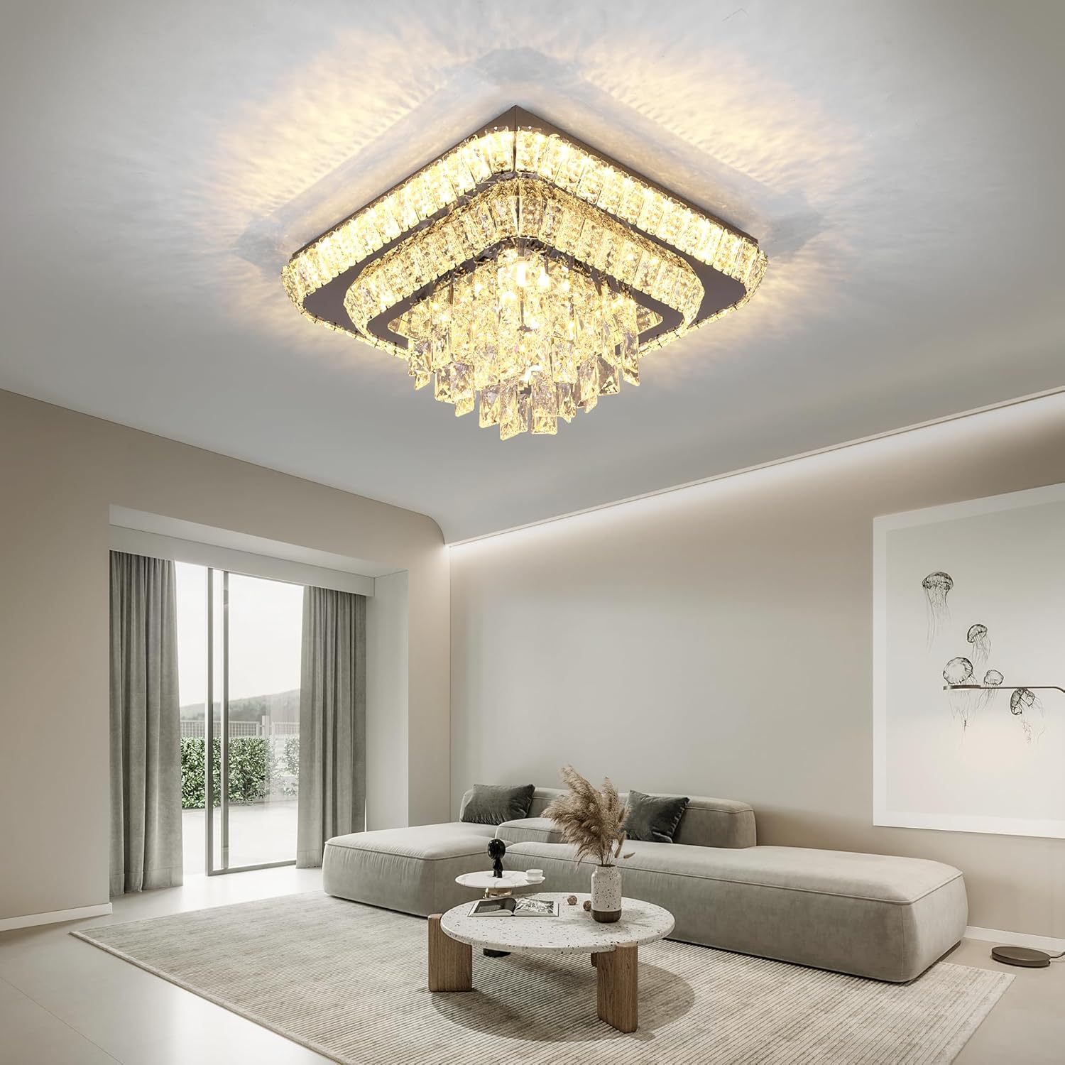 Elegante lámpara LED de techo con forma de gota de lluvia, lámpara cuadrada de 18 pulgadas con control remoto para sala de estar, cocina, isla, dormitorio, pasillo, entrada, vestíbulo (regulable)