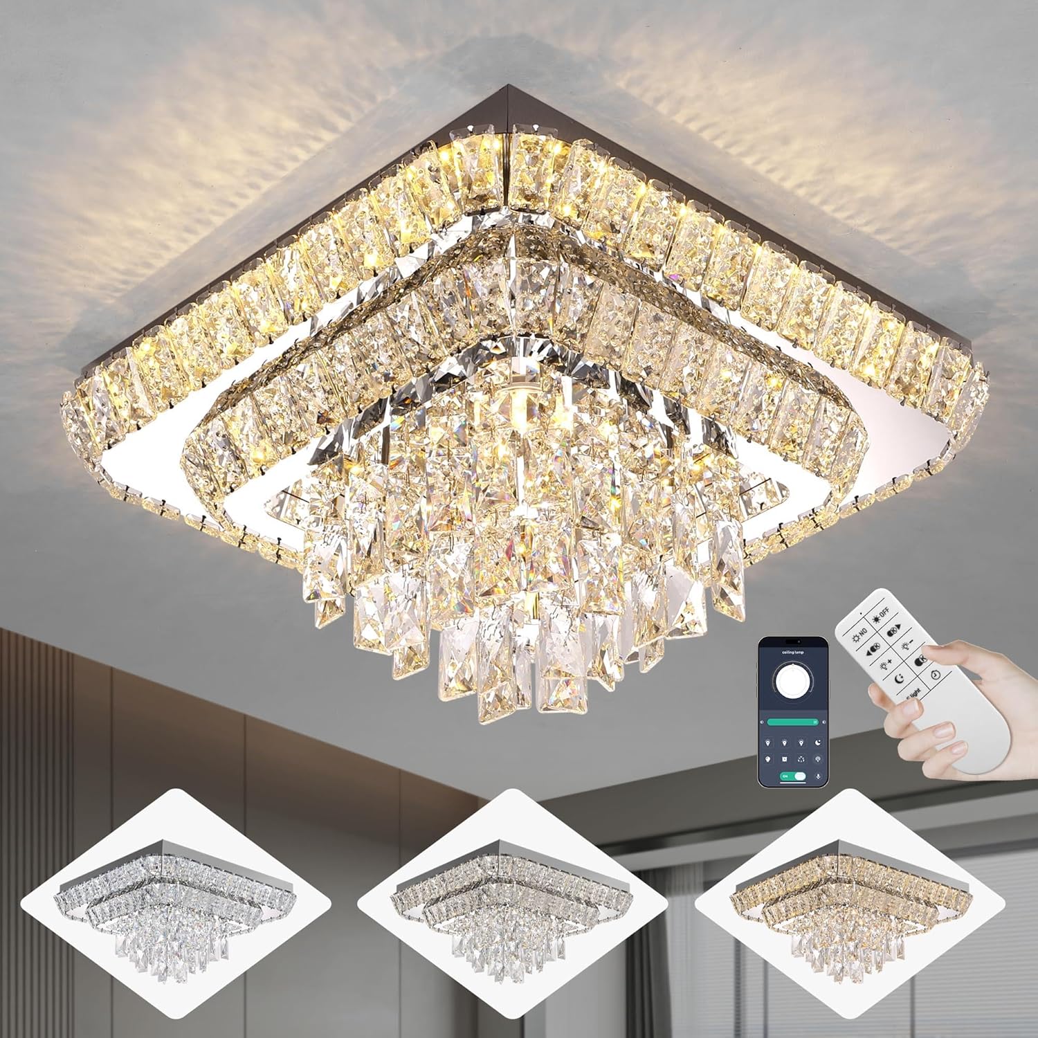 Elegante lámpara LED de techo con forma de gota de lluvia, lámpara cuadrada de 18 pulgadas con control remoto para sala de estar, cocina, isla, dormitorio, pasillo, entrada, vestíbulo (regulable)