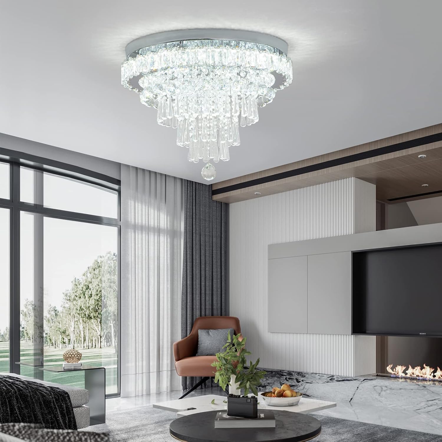 CLAIRDAI Lámpara de araña moderna de cristal redonda LED, luminarias de luz de techo de cristal, lámpara de araña de montaje empotrado, lámpara de techo para sala de estar, dormitorios, comedor (6500K