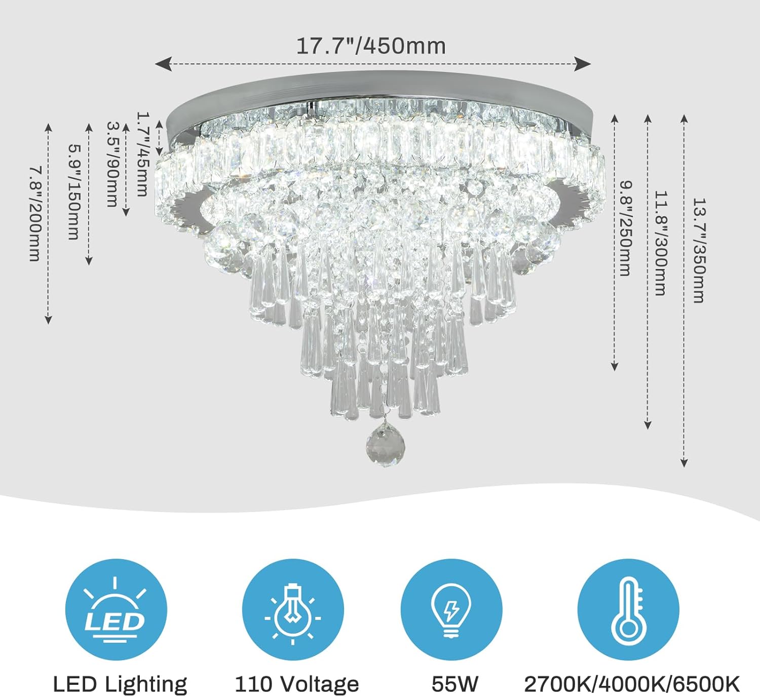 CLAIRDAI Lámpara de araña moderna de cristal redonda LED, luminarias de luz de techo de cristal, lámpara de araña de montaje empotrado, lámpara de techo para sala de estar, dormitorios, comedor (6500K