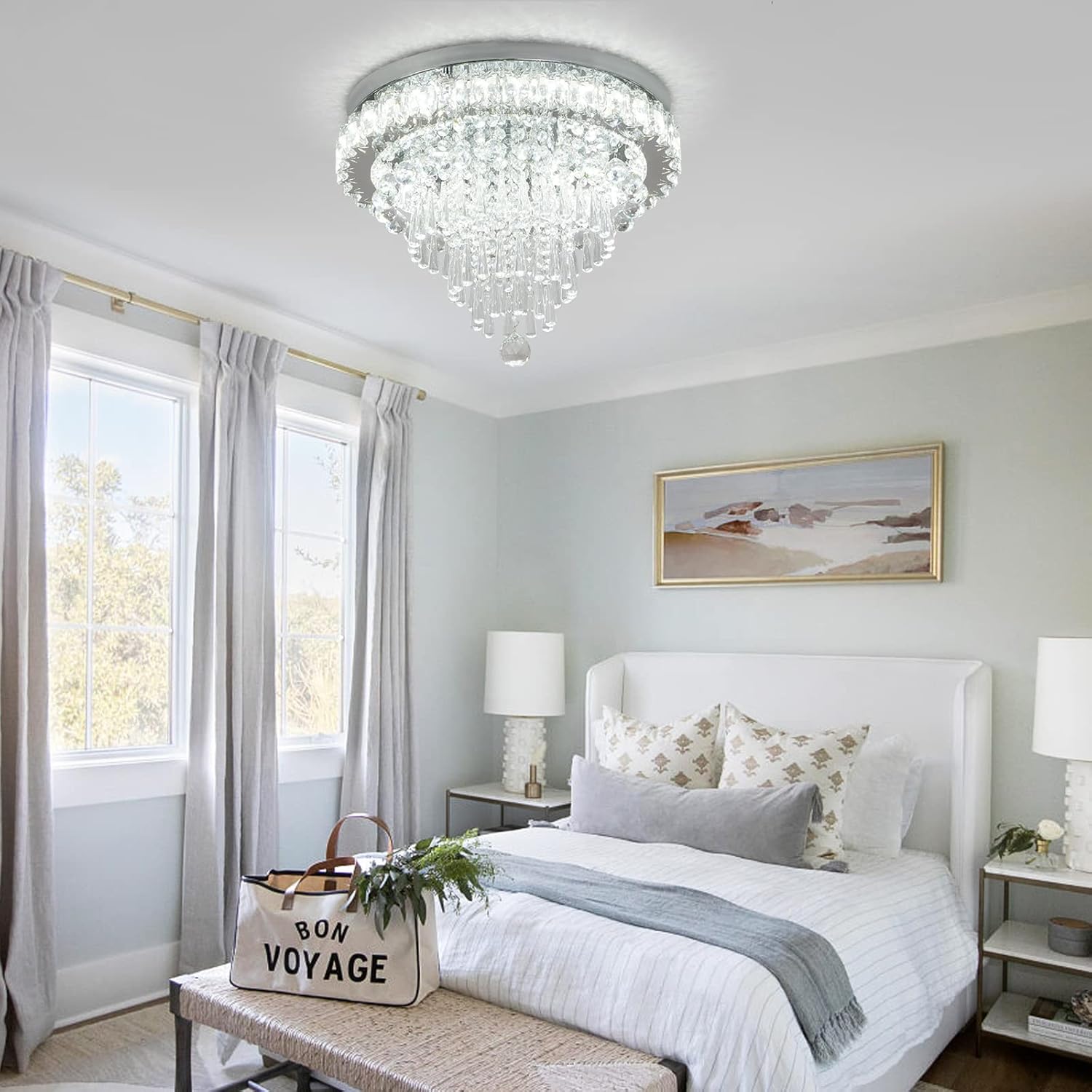 CLAIRDAI Lámpara de araña moderna de cristal redonda LED, luminarias de luz de techo de cristal, lámpara de araña de montaje empotrado, lámpara de techo para sala de estar, dormitorios, comedor (6500K