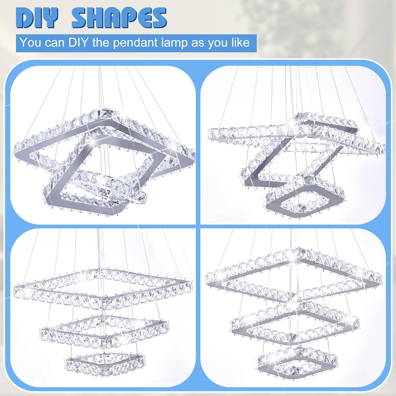 Candelabros de cristal modernos LED de 3 anillos, lámpara de techo ajustable, accesorios de iluminación colgante, luces colgantes de acero inoxidable para sala de estar, comedor, baño, dormitorio