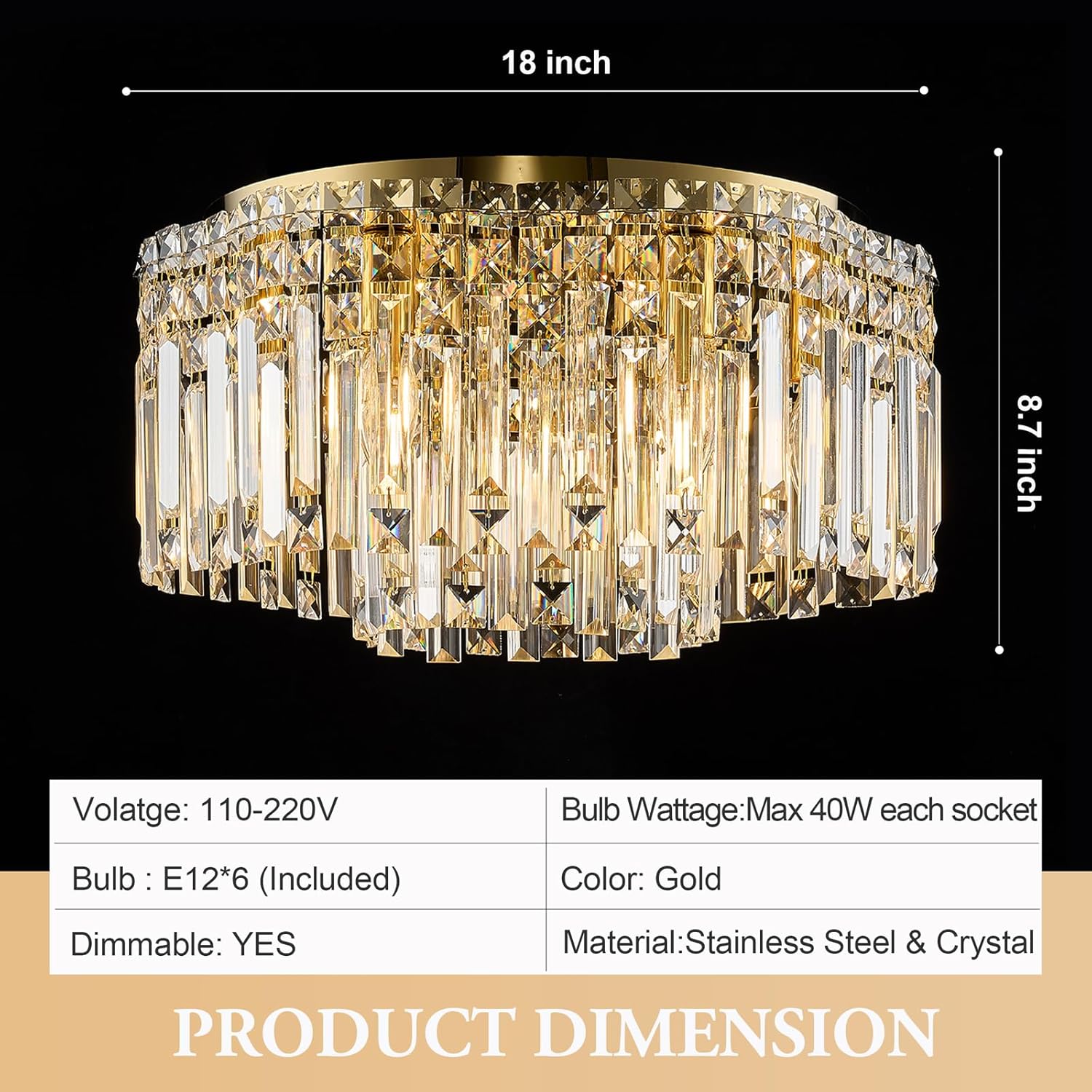 Candelabro de cristal de montaje empotrado, luces de techo de cristal modernas de 18 pulgadas con bombilla blanca cálida (2700 K), lámparas pequeñas de oro de montaje empotrado para dormitorio, sala