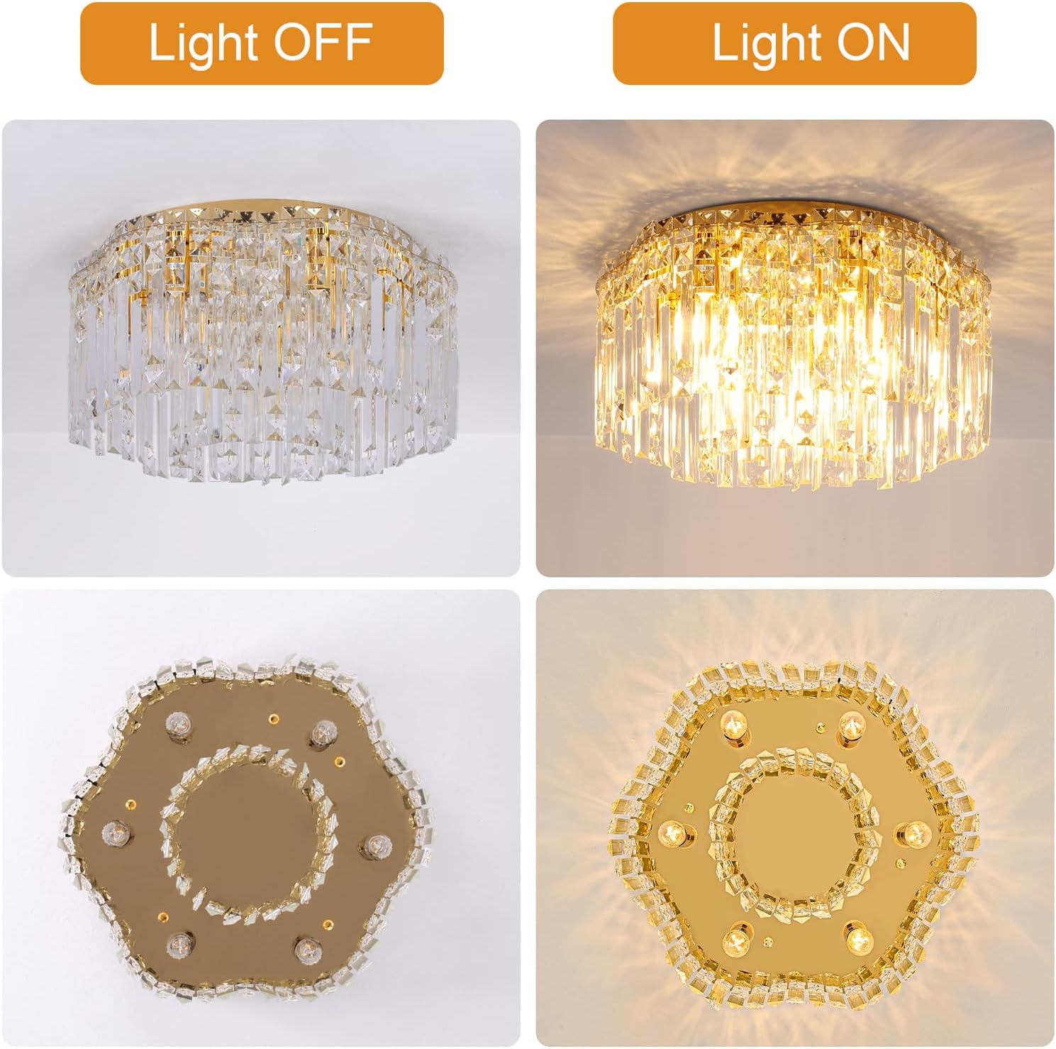 Candelabro de cristal de montaje empotrado, luces de techo de cristal modernas de 18 pulgadas con bombilla blanca cálida (2700 K), lámparas pequeñas de oro de montaje empotrado para dormitorio, sala