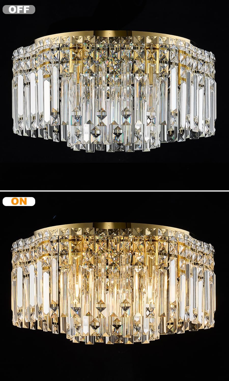 Candelabro de cristal de montaje empotrado, luces de techo de cristal modernas de 18 pulgadas con bombilla blanca cálida (2700 K), lámparas pequeñas de oro de montaje empotrado para dormitorio, sala