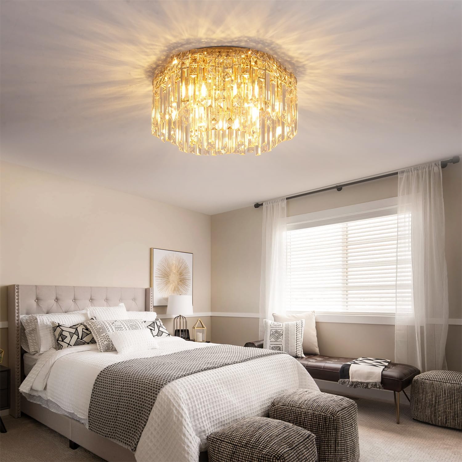 Candelabro de cristal de montaje empotrado, luces de techo de cristal modernas de 18 pulgadas con bombilla blanca cálida (2700 K), lámparas pequeñas de oro de montaje empotrado para dormitorio, sala