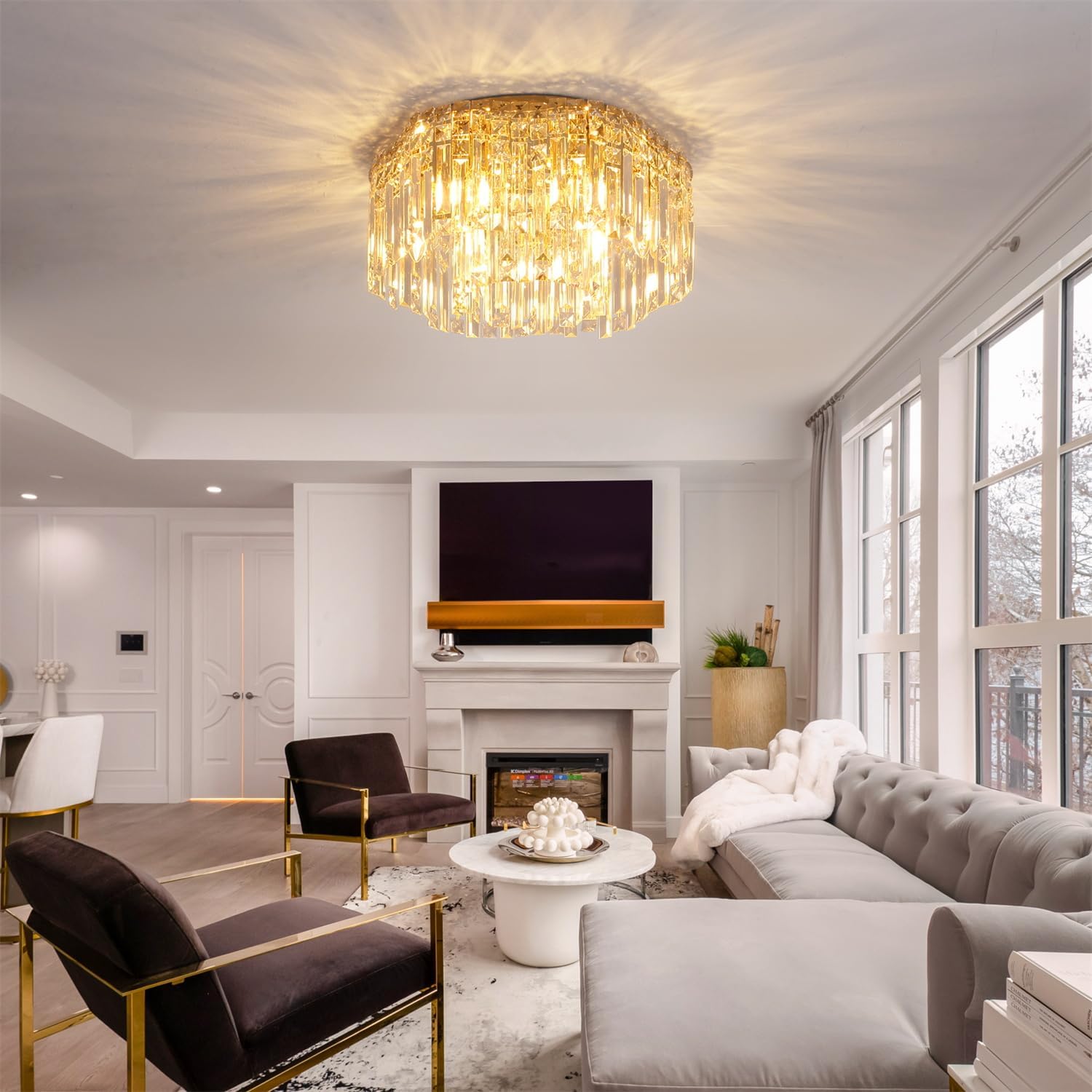 Candelabro de cristal de montaje empotrado, luces de techo de cristal modernas de 18 pulgadas con bombilla blanca cálida (2700 K), lámparas pequeñas de oro de montaje empotrado para dormitorio, sala