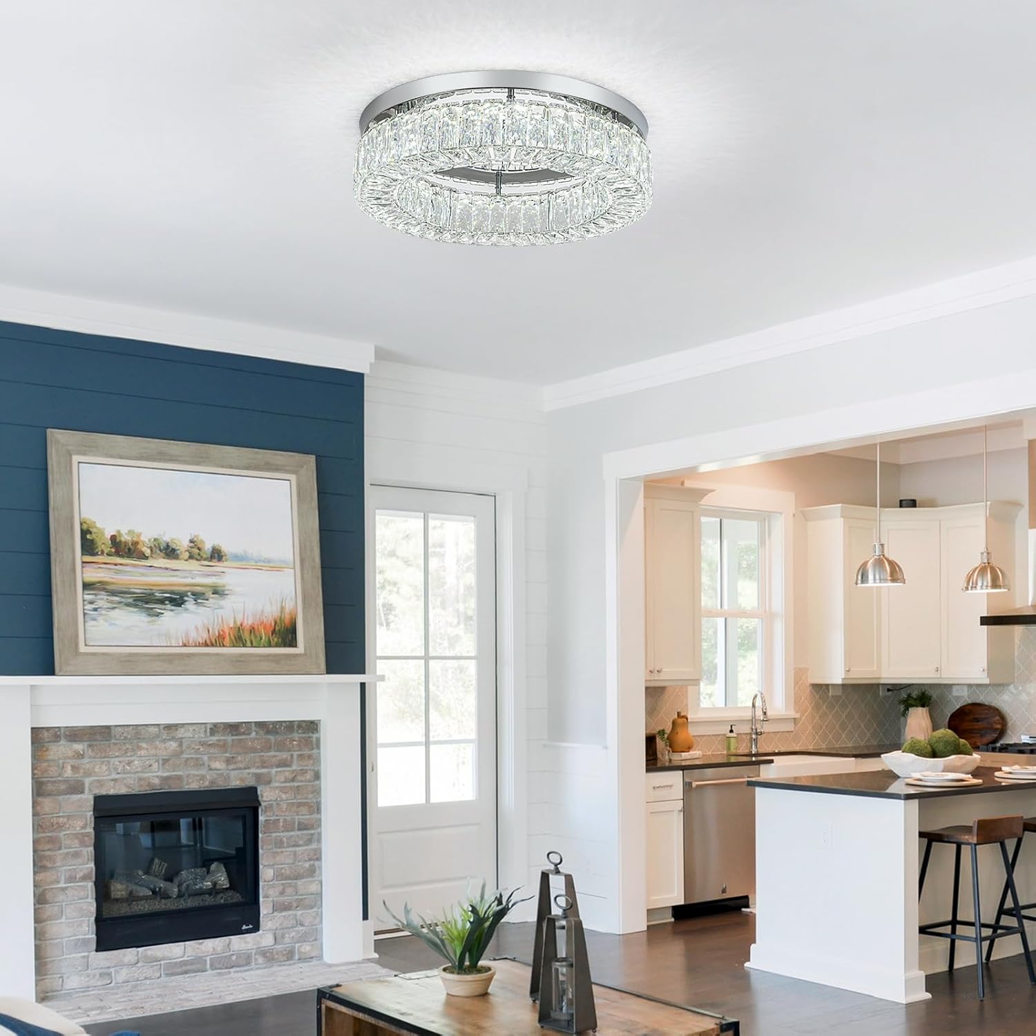 HOPGGIE Lámpara de techo LED de cristal de 18 pulgadas, lámpara de techo de montaje empotrado, lámpara de araña grande de lujo para sala de estar, dormitorio, comedor, armario (blanco frío)