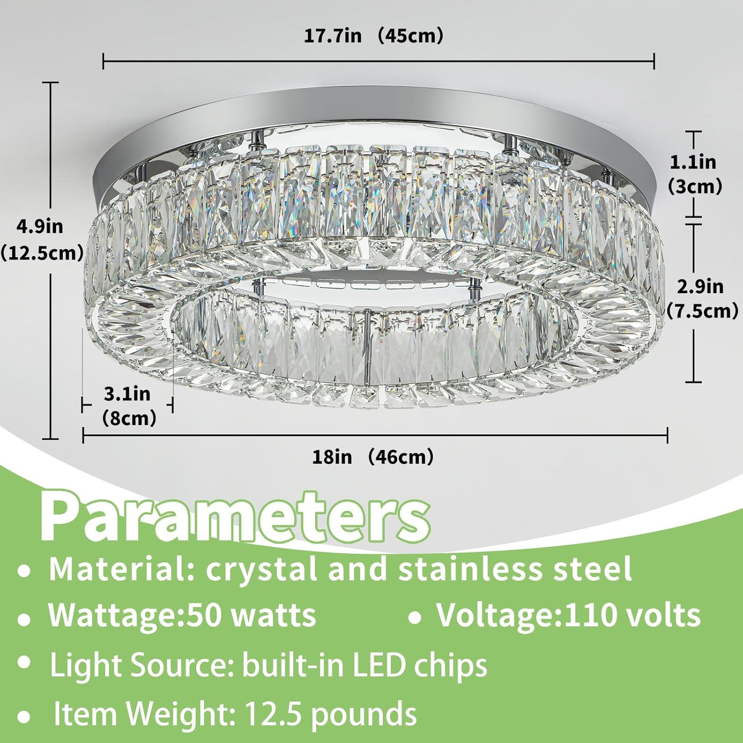 HOPGGIE Lámpara de techo LED de cristal de 18 pulgadas, lámpara de techo de montaje empotrado, lámpara de araña grande de lujo para sala de estar, dormitorio, comedor, armario (blanco frío)