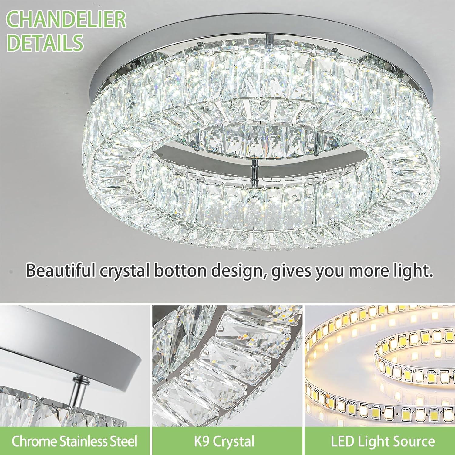 HOPGGIE Lámpara de techo LED de cristal de 18 pulgadas, lámpara de techo de montaje empotrado, lámpara de araña grande de lujo para sala de estar, dormitorio, comedor, armario (blanco frío)